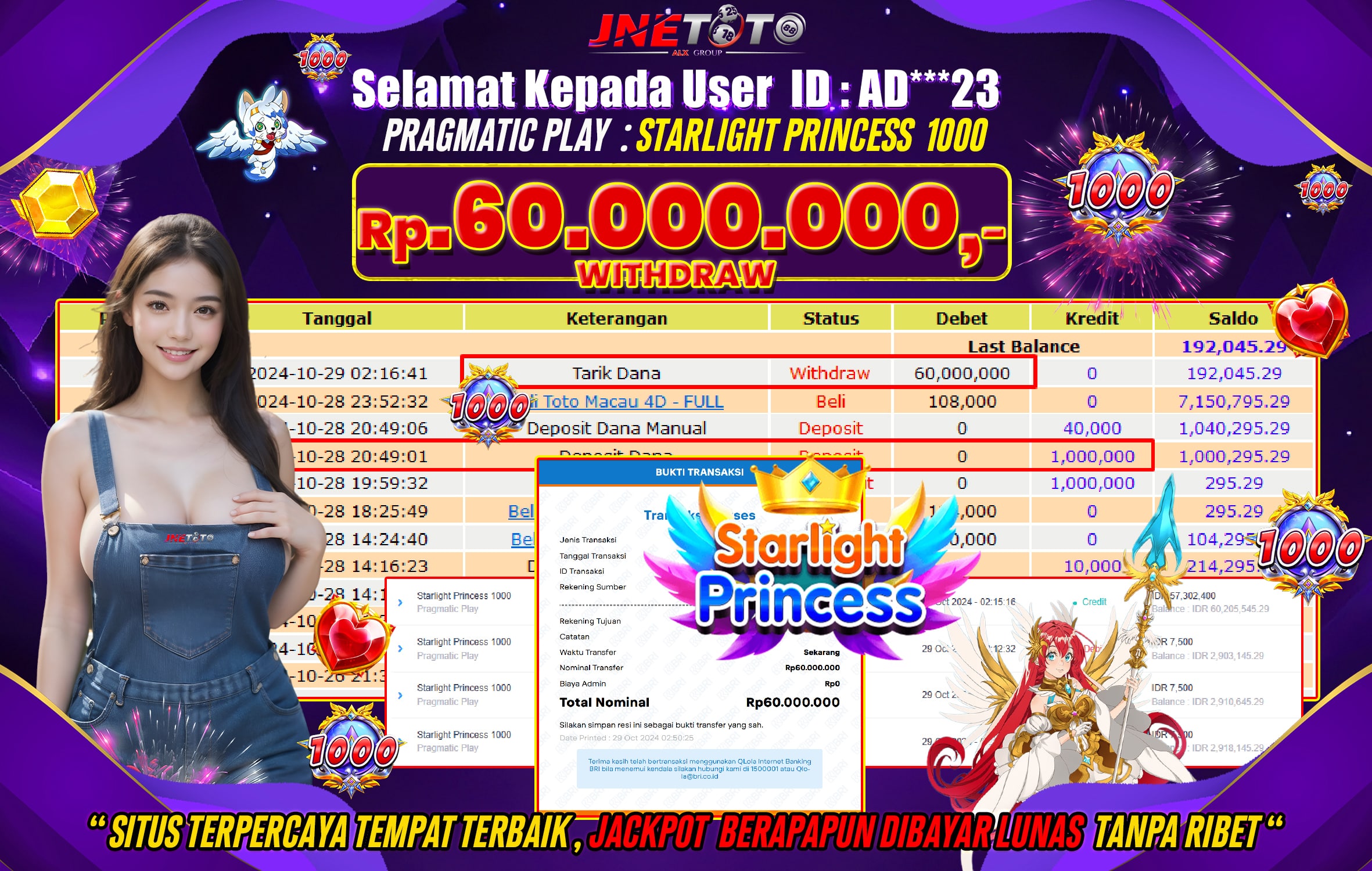 Bukti Jackpot JNETOTO di Slot Starlight Princess 1000 Rp.60.000.000 LUNAS!
