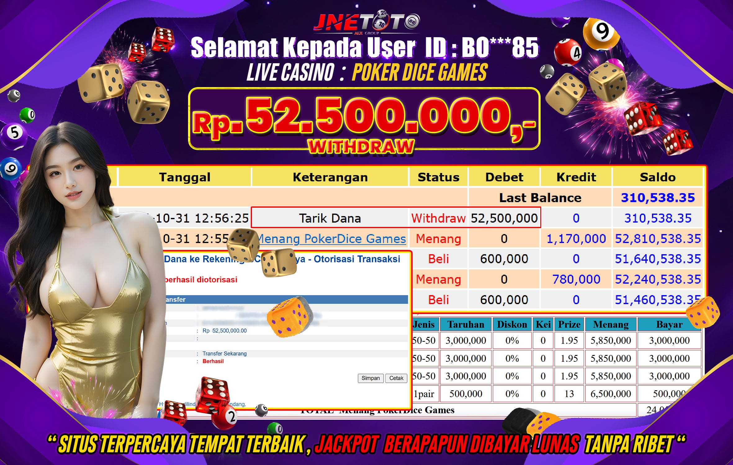 Bukti Jackpot JNETOTO di Live Casino Poker Dice Games Rp.52.500.000 LUNAS!
