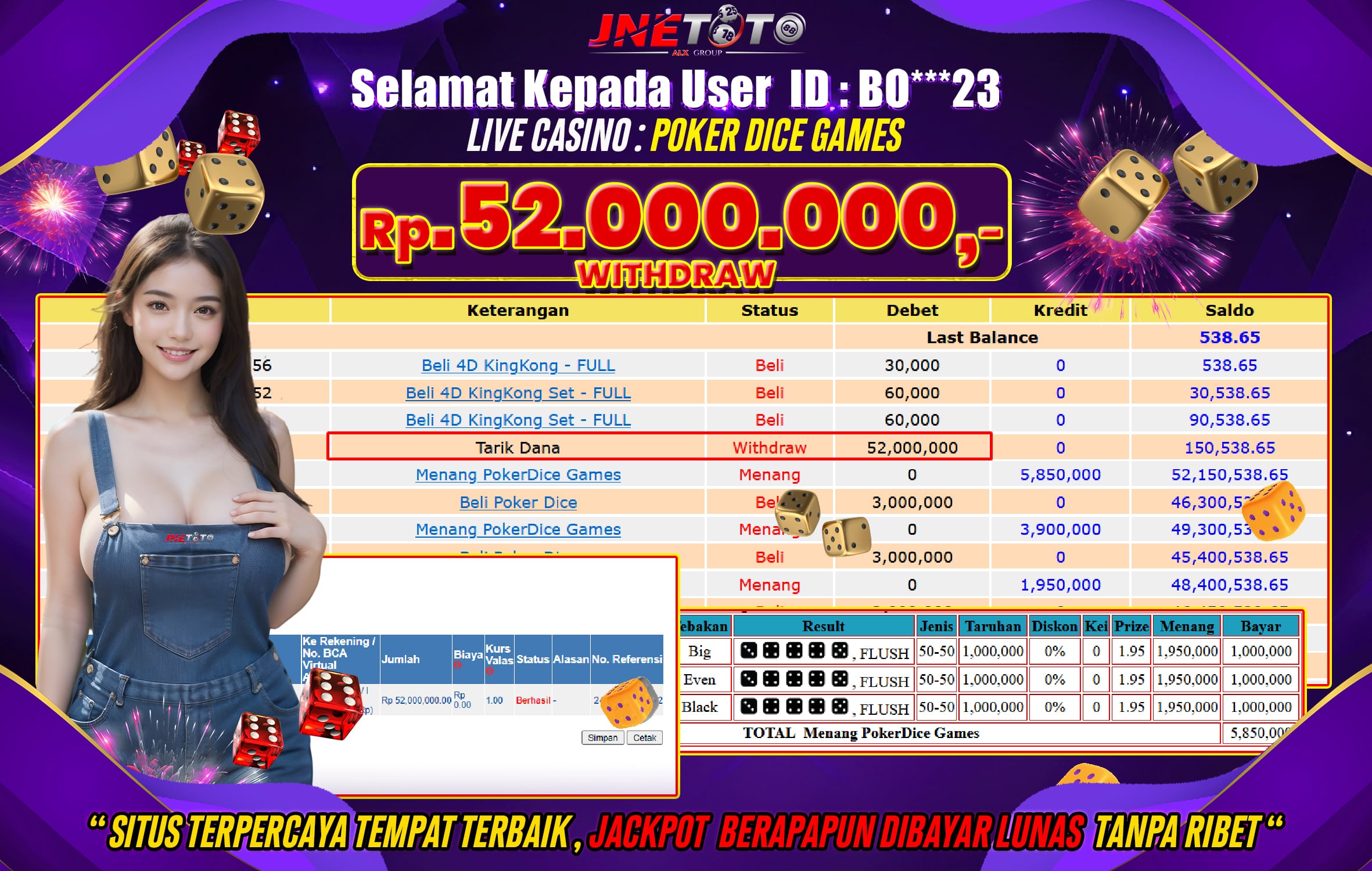 Bukti Jackpot JNETOTO di Live Casino Poker Dice Games Rp.52.000.000 LUNAS!