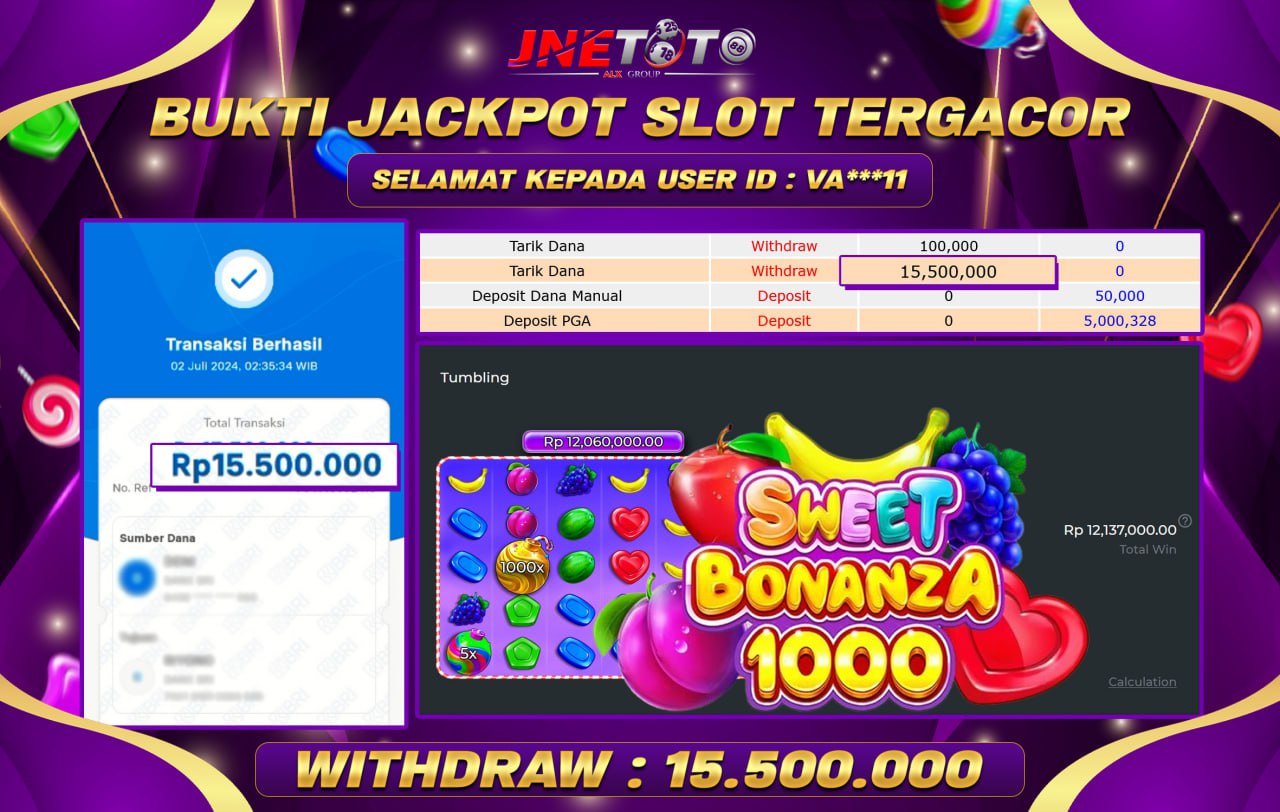 Bukti Jackpot JNETOTO di Slot Sweet Bonanza 1000 Rp 15.500.000 LUNAS!