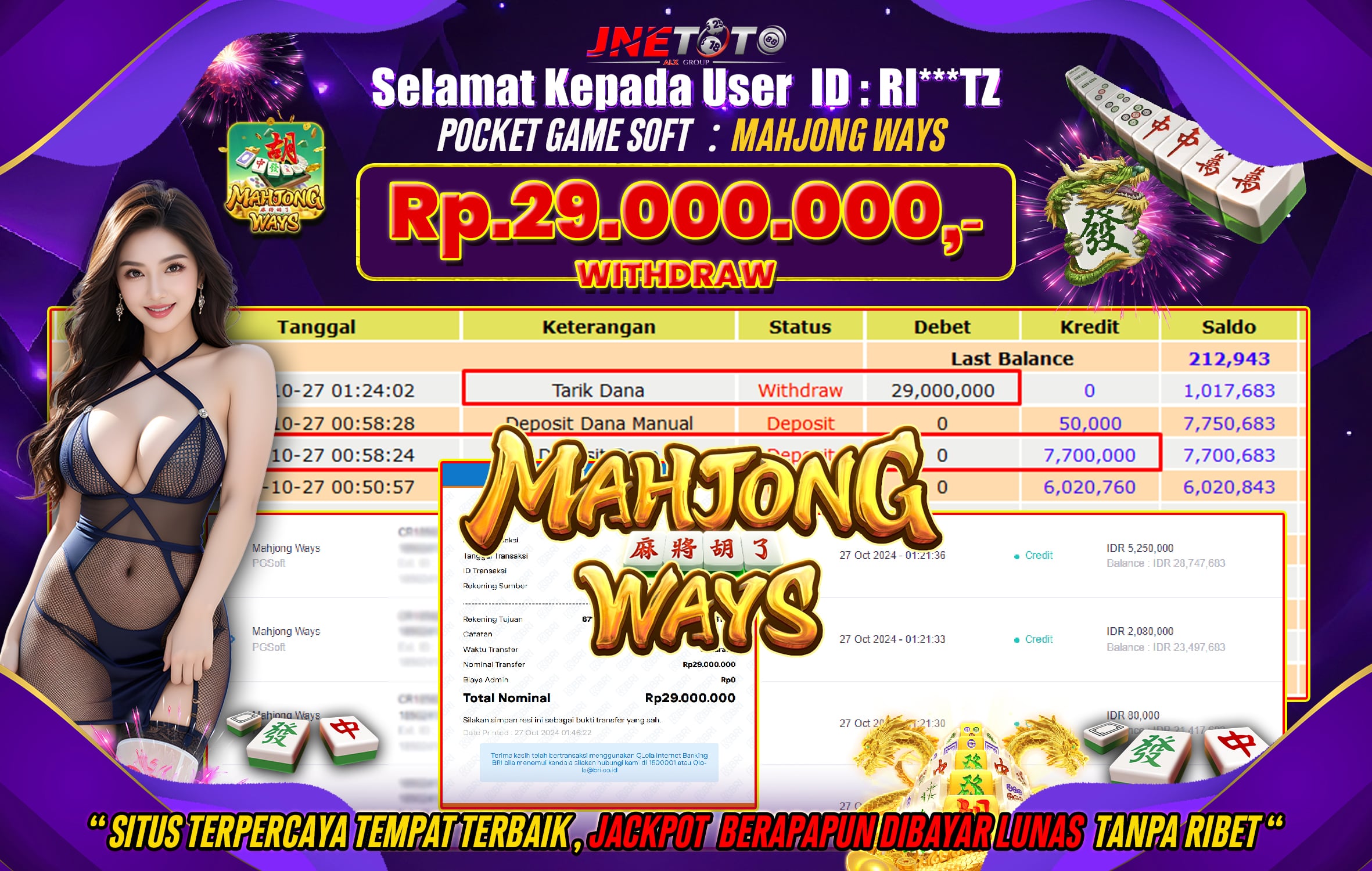 Bukti Jackpot JNETOTO di Slot Mahjong Ways Rp.29.000.000 LUNAS!