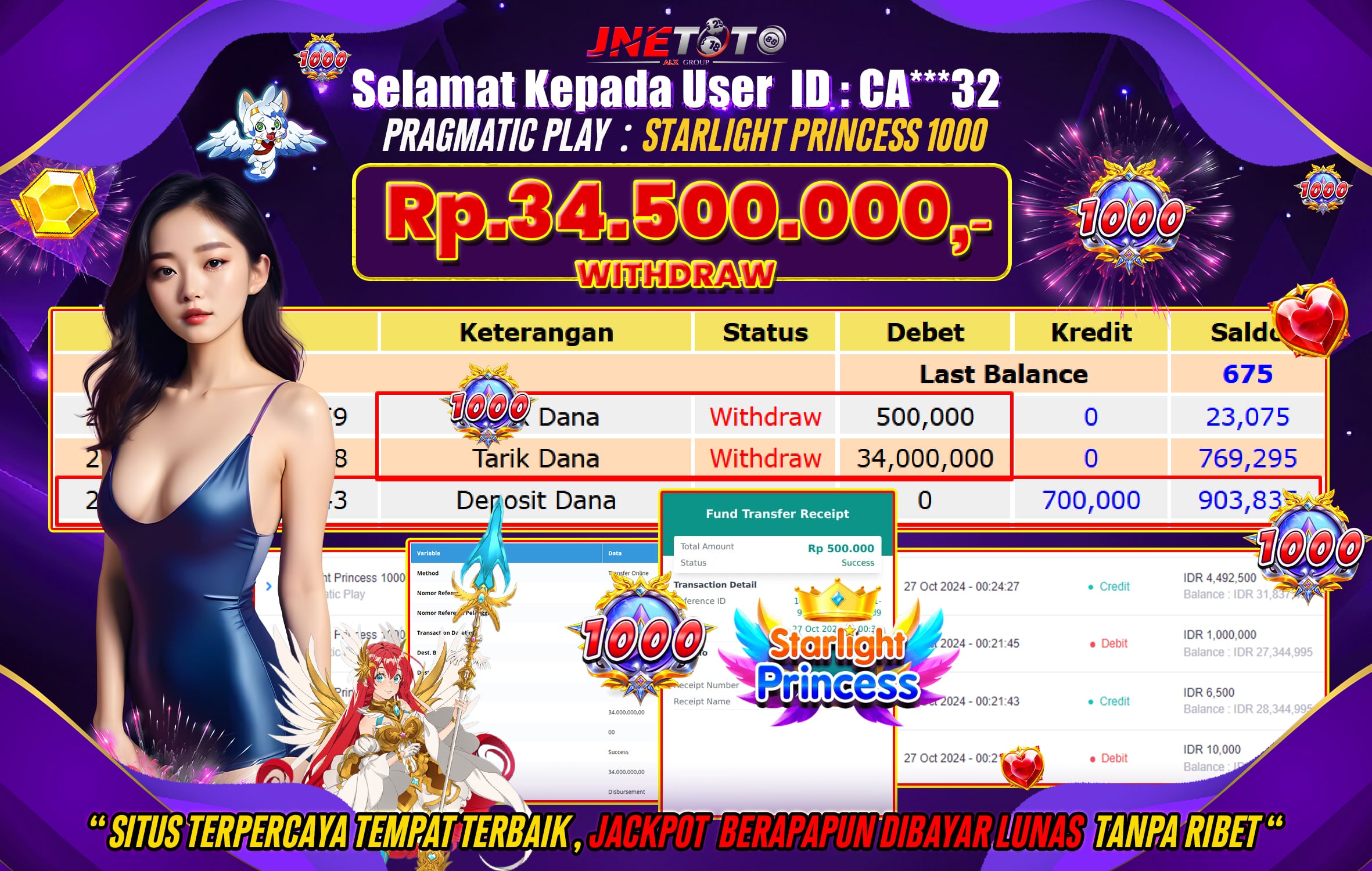 Bukti Jackpot JNETOTO di Slot Starlight Princess 1000 Rp.34.500.000 LUNAS!