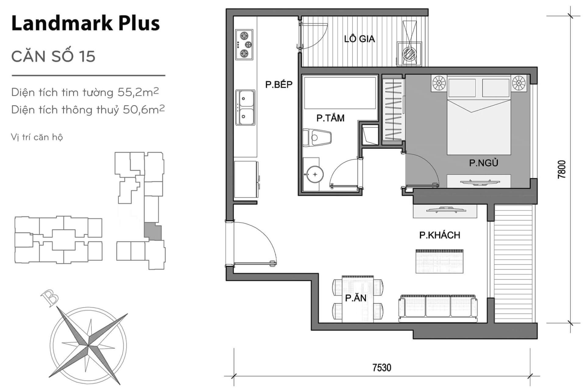 layout căn hộ số 15 Landmark Plus LP-15