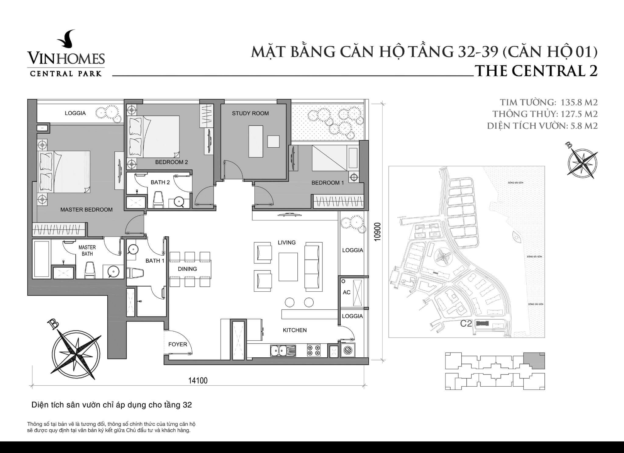 layout căn hộ số 1 C2-01 tầng 32-39