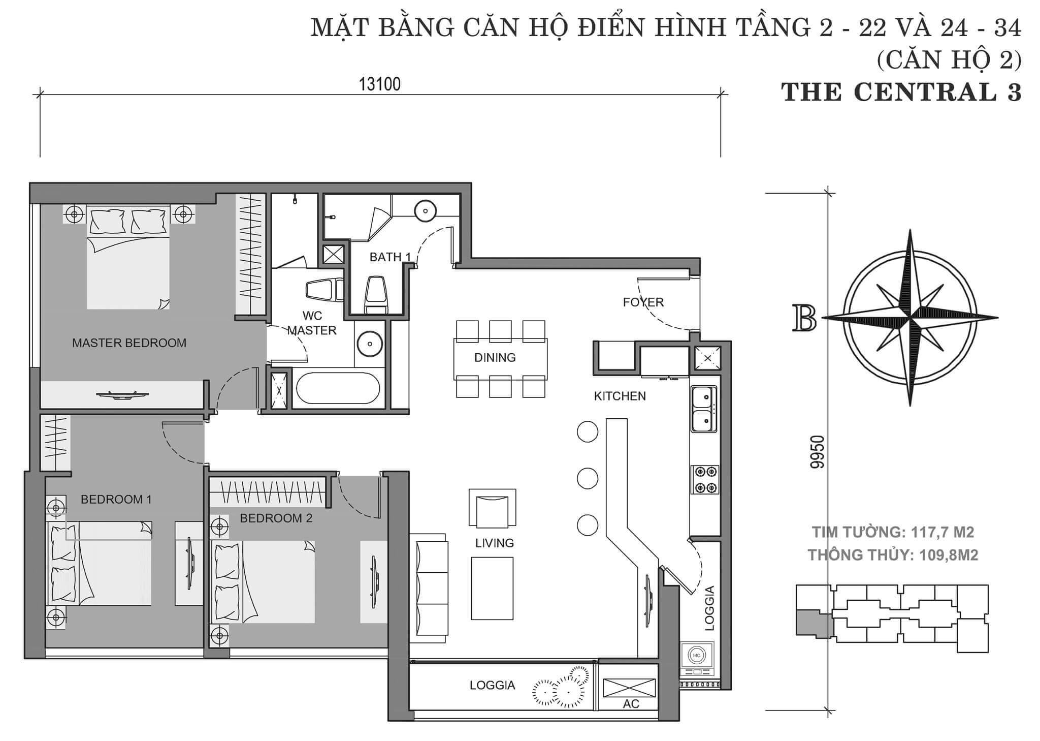 layout căn hộ số 2 tòa Central 3 tầng 2-34  