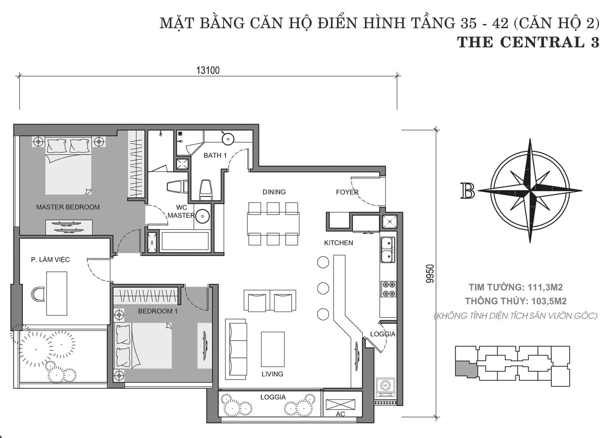 layout căn hộ số 2 tòa Central 3 tầng 35-42  