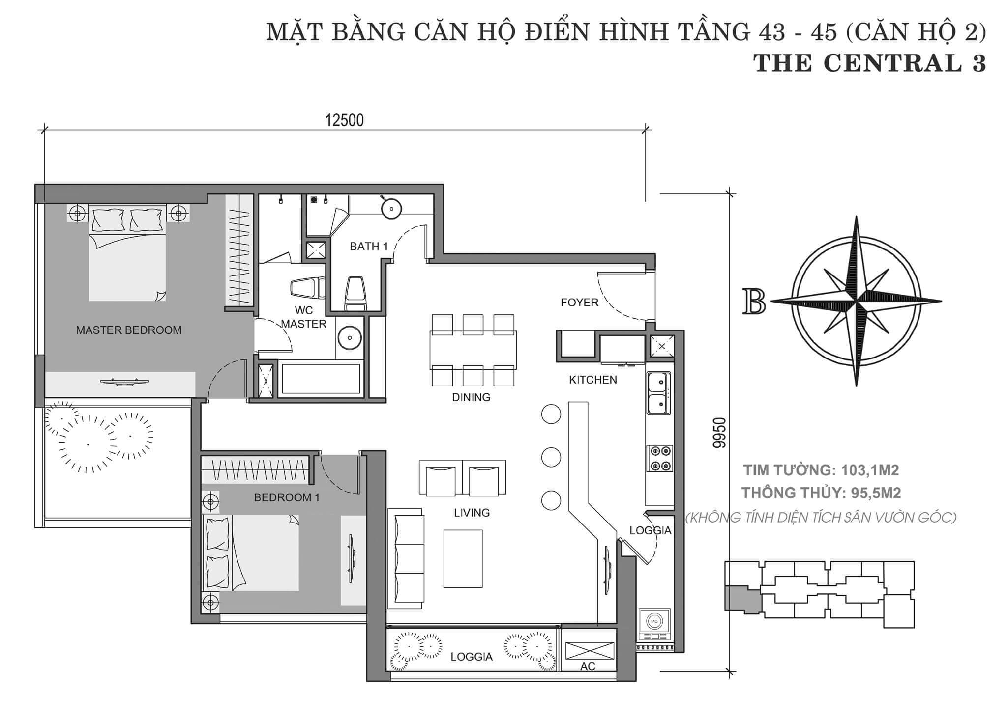 layout căn hộ số 2 tòa Central 3 tầng 43-45