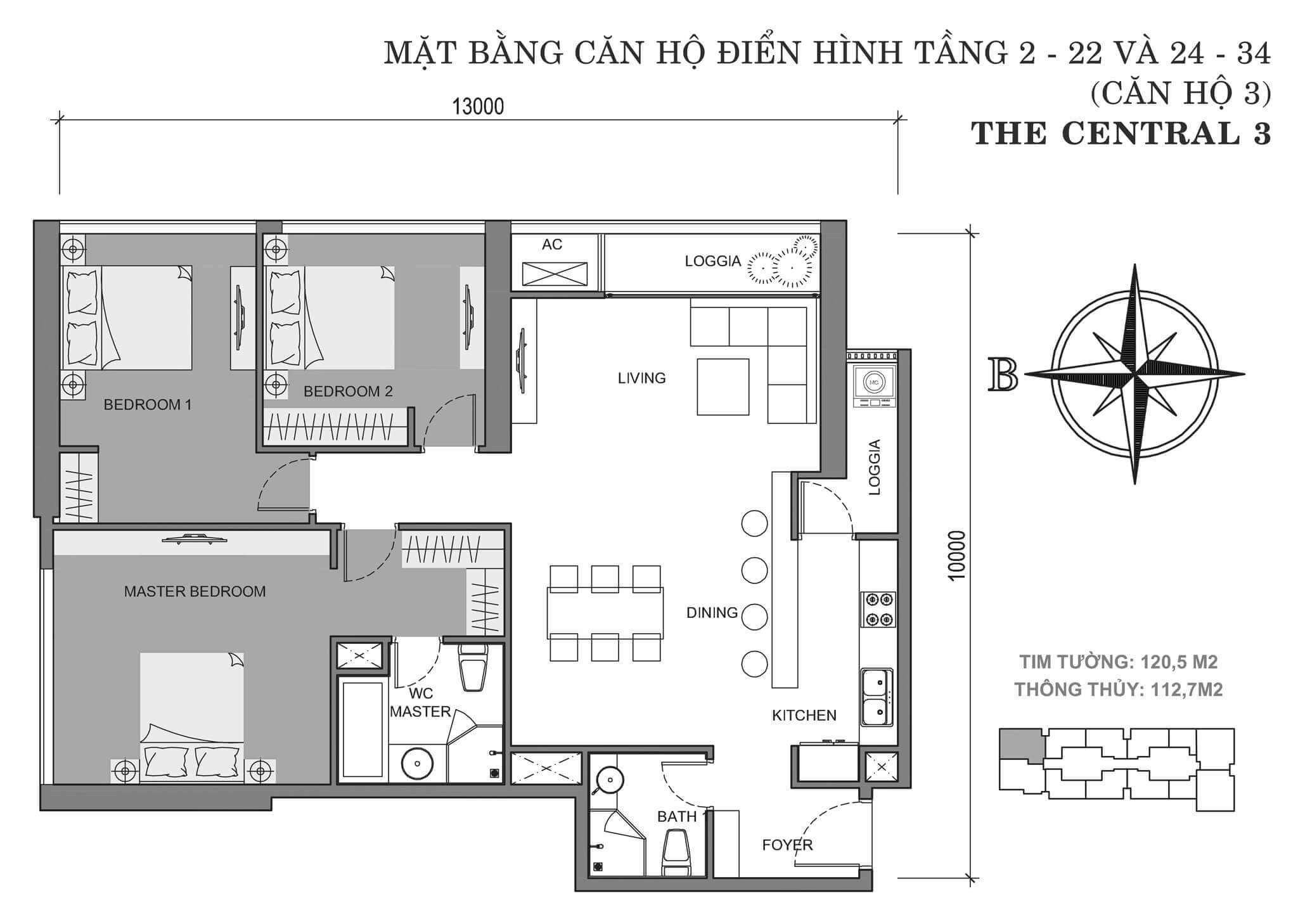 layout căn hộ số 3 tòa Central 3 tầng 2-34  