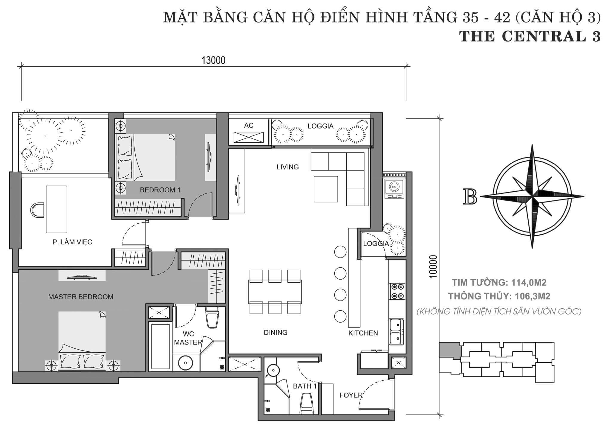 layout căn hộ số 3 tòa Central 3 tầng 35-42