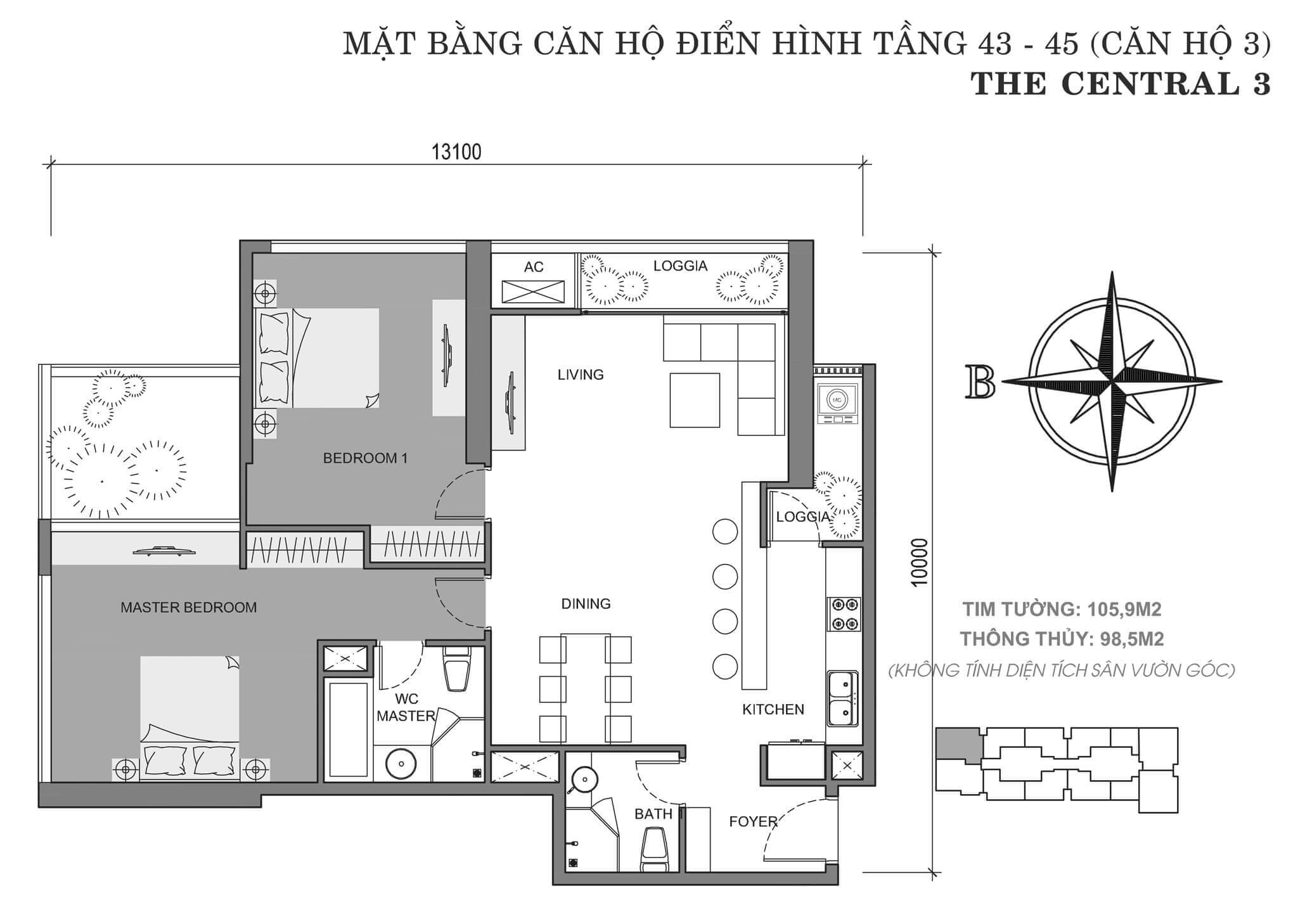 layout căn hộ số 3 tòa Central 3 tầng 43-45