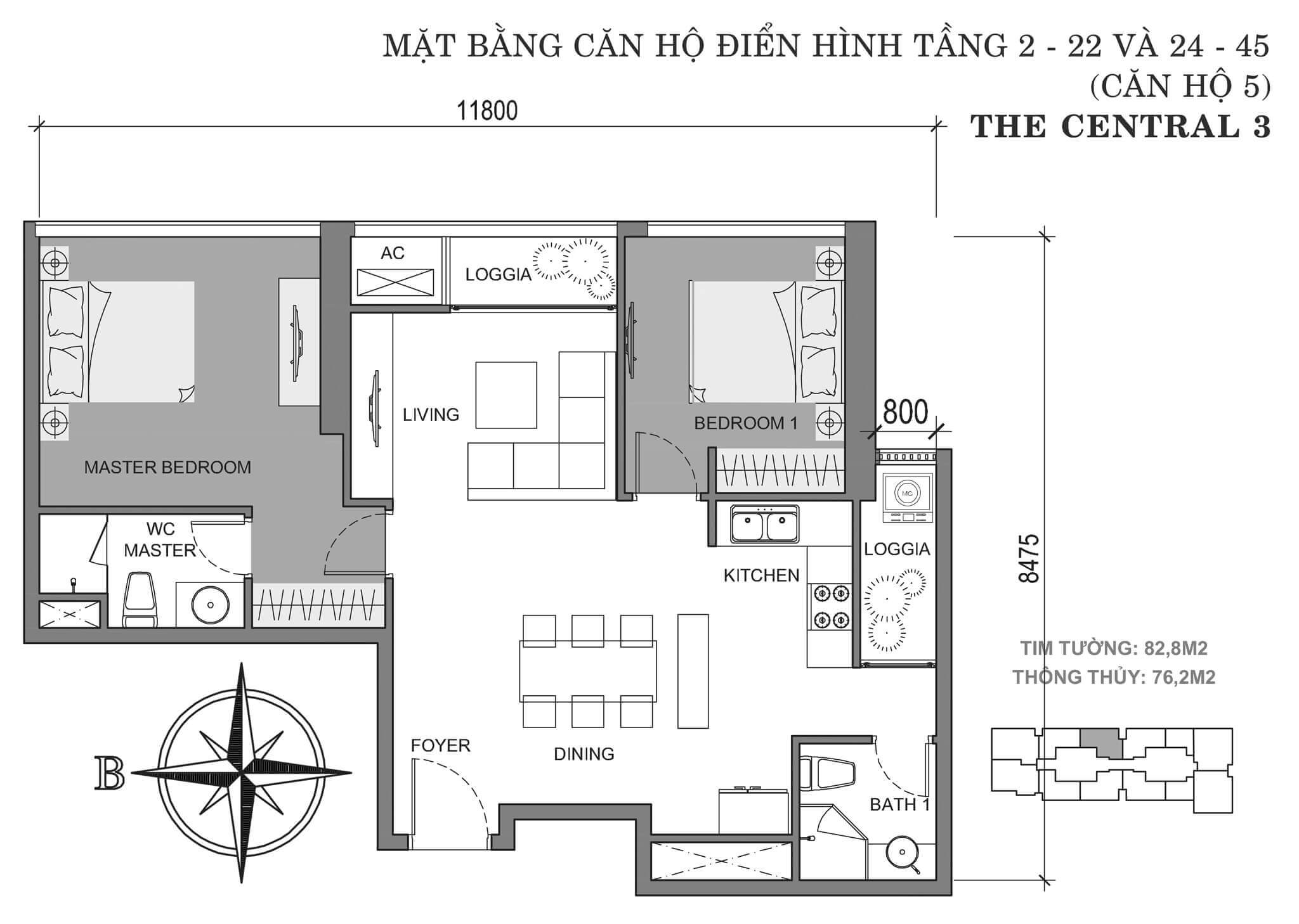 layout căn hộ số 5 tòa Central 3 tầng 2-45  