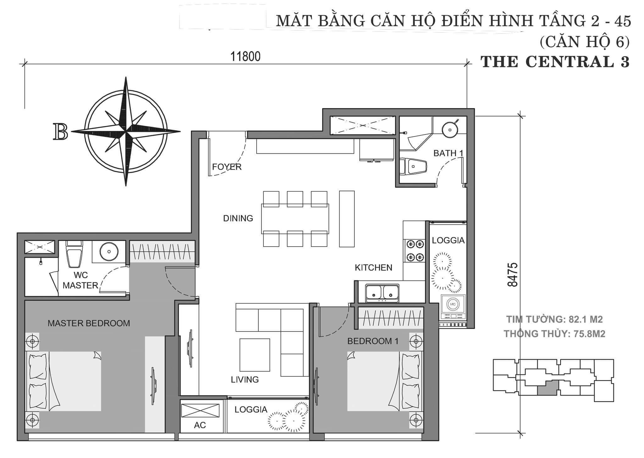 layout căn hộ số 6 tòa Central 3 tầng 2-45  