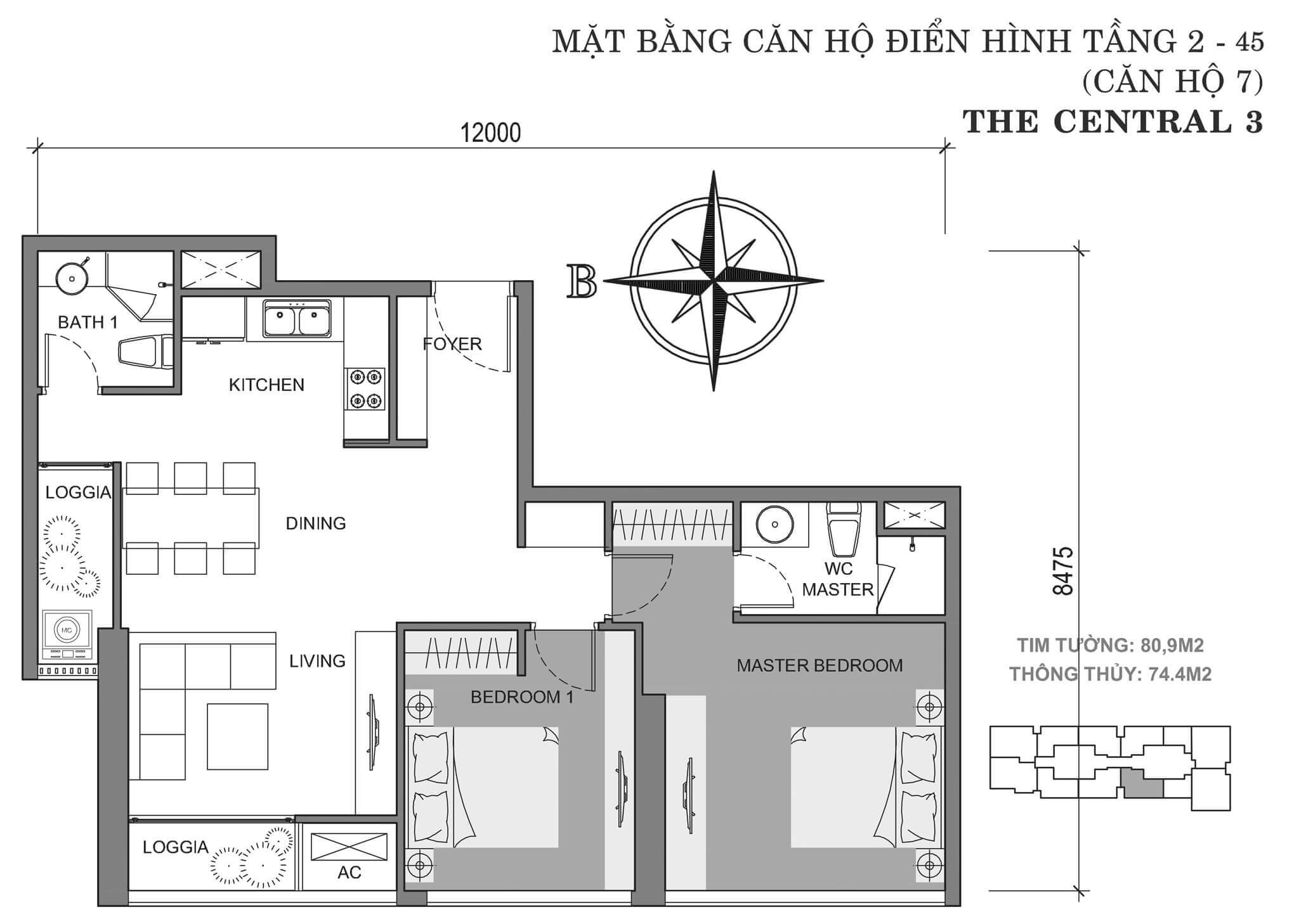 layout căn hộ số 7 tòa Central 3 tầng 2-45  