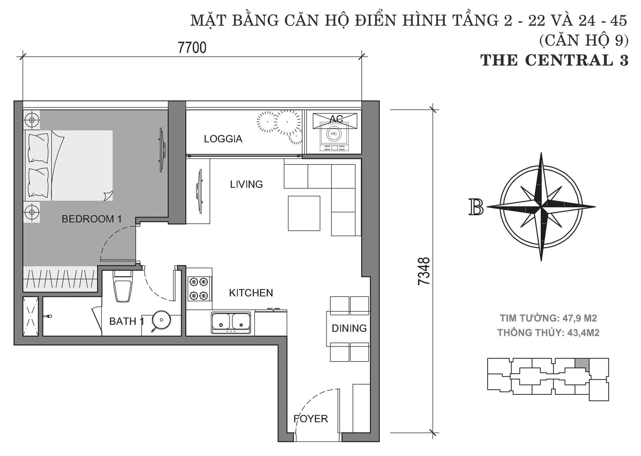 layout căn hộ số 9 tòa Central 3 tầng 2-45  