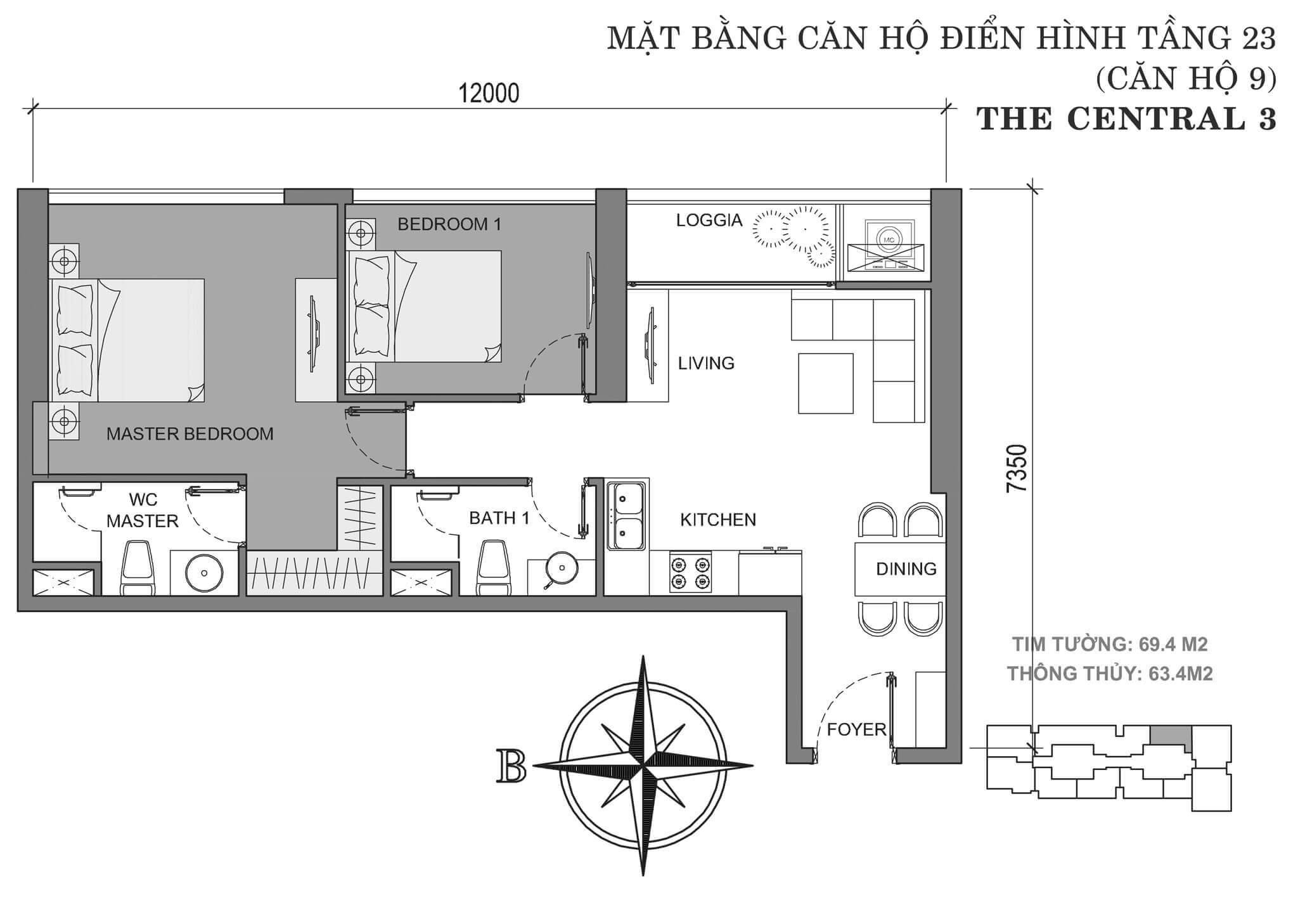 layout căn hộ số 9 tòa Central 3 tầng 23