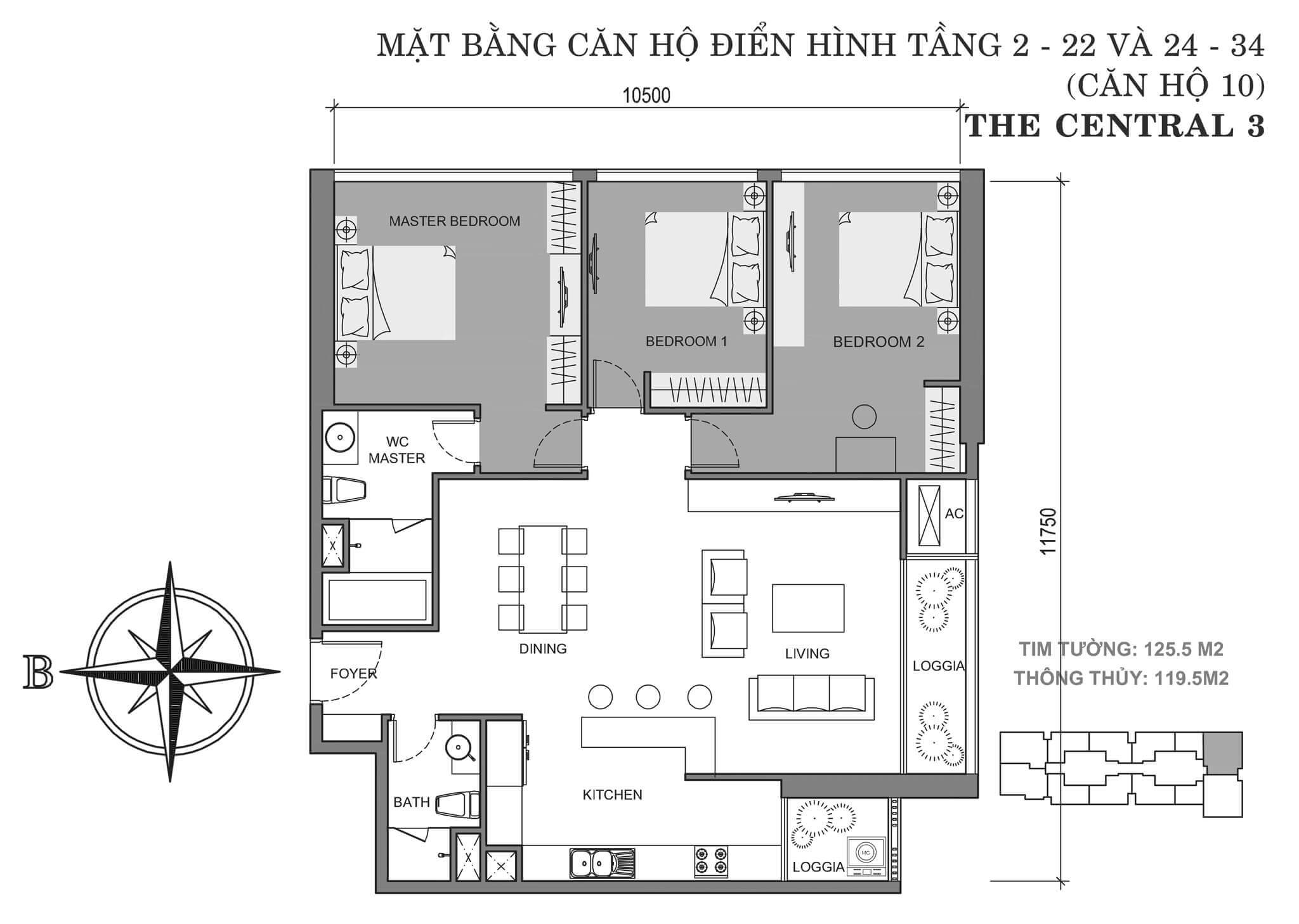 layout căn hộ số 10 tòa Central 3 tầng 2-34  