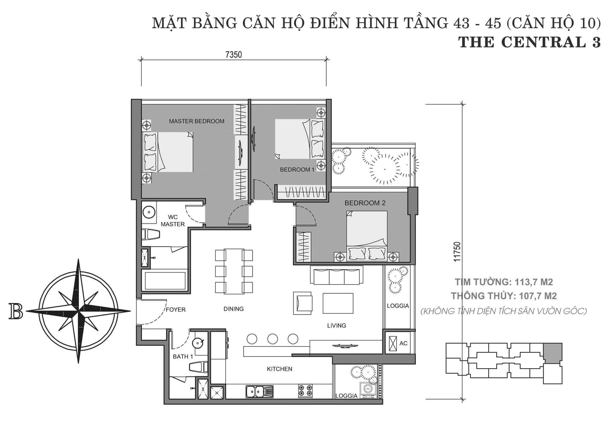layout căn hộ số 10 tòa Central 3 tầng 43-45
