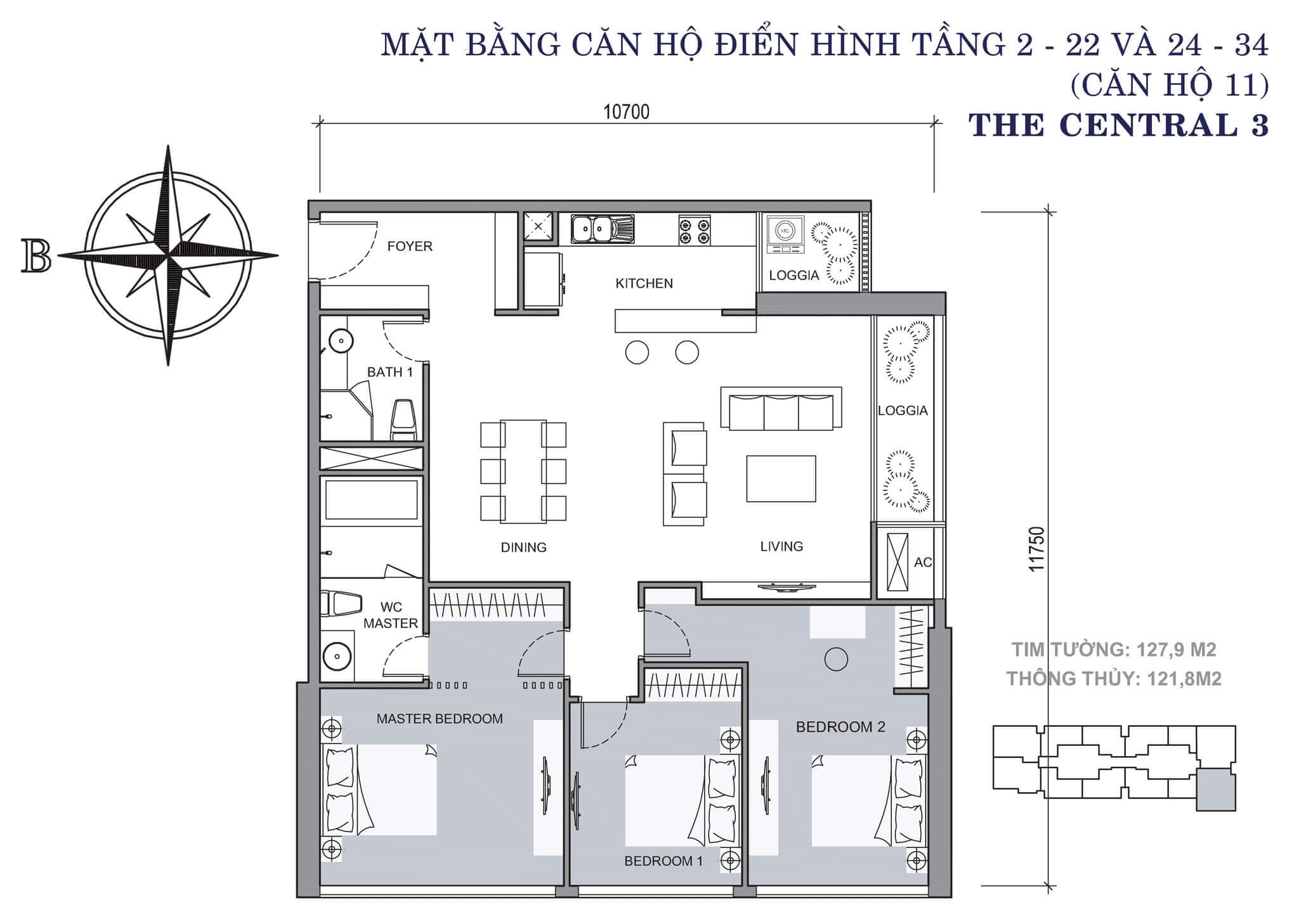 layout căn hộ số 11 tòa Central 3 tầng 2-34  