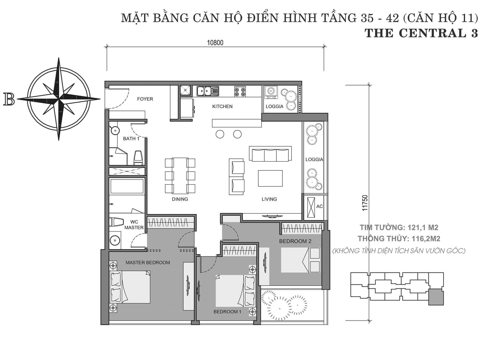 layout căn hộ số 11 tòa Central 3 tầng 35-42