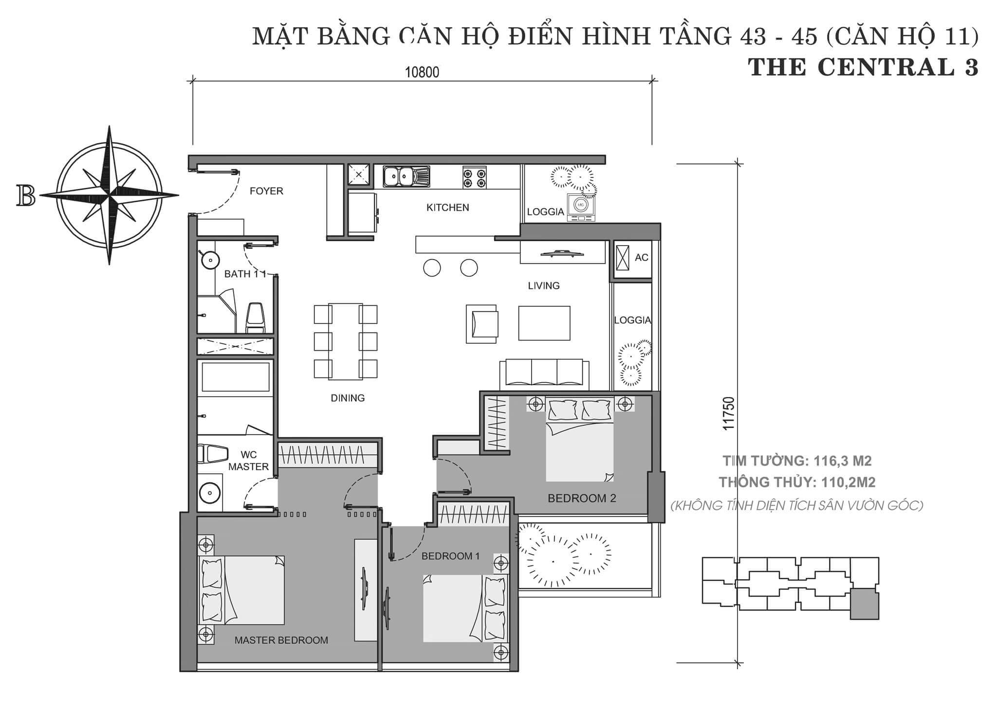 layout căn hộ số 11 tòa Central 3 tầng 43-45