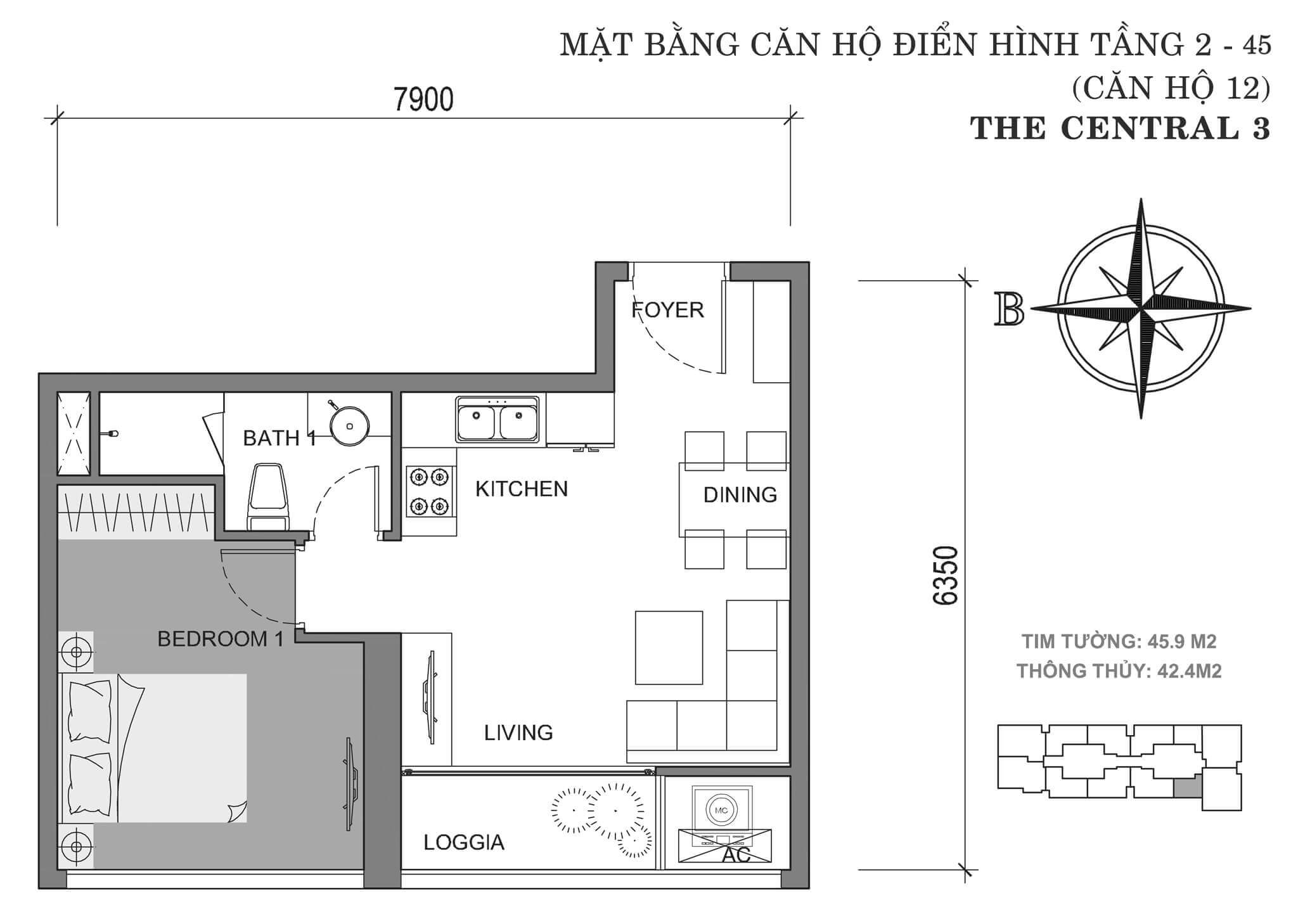 layout căn hộ số 12 tòa Central 3 tầng 2-45  