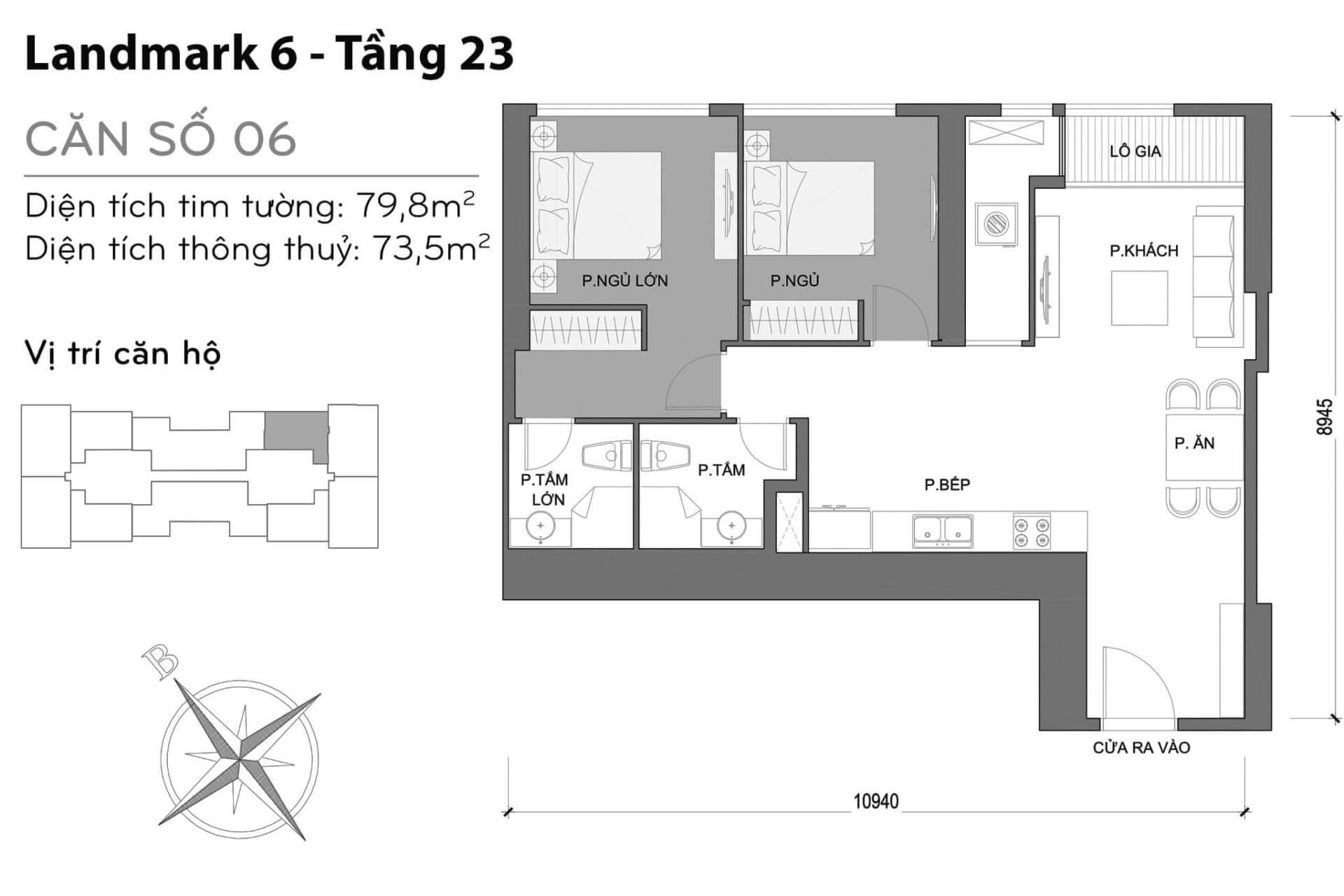 layout căn hộ số 6 Landmark 6 L6-06 tầng 23