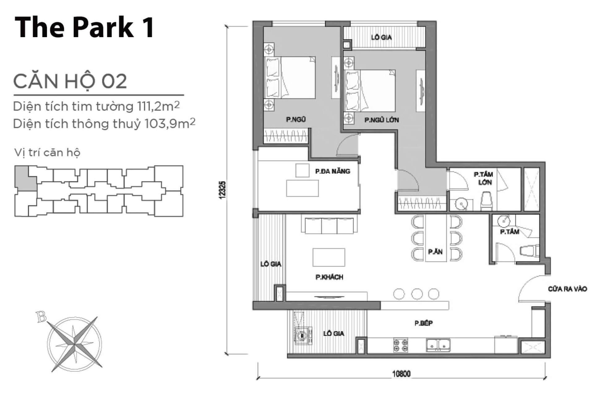 mặt bằng layout căn hộ số 2 Park 1 Vinhomes Central Park