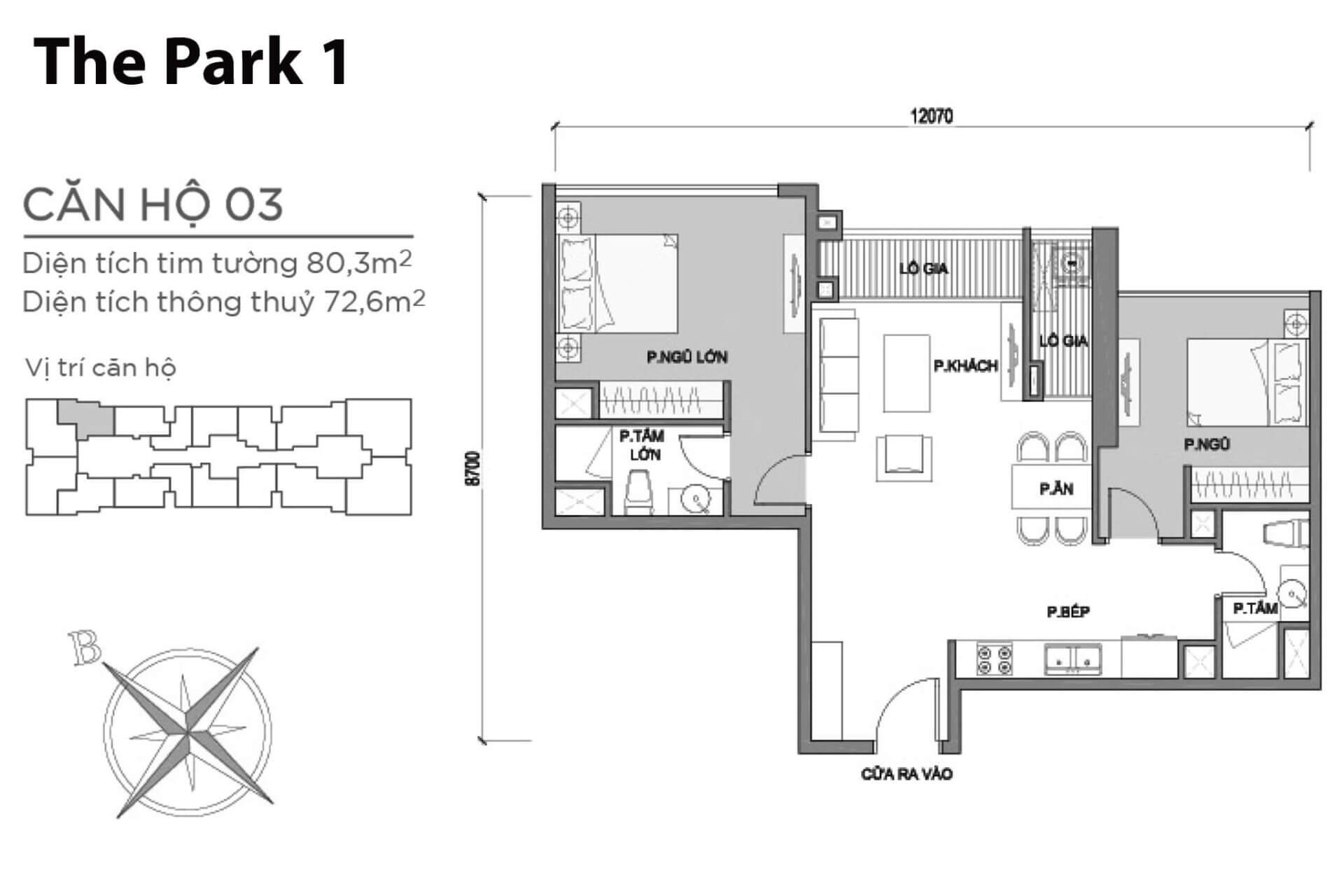 mặt bằng layout căn hộ số 3 Park 1 Vinhomes Central Park
