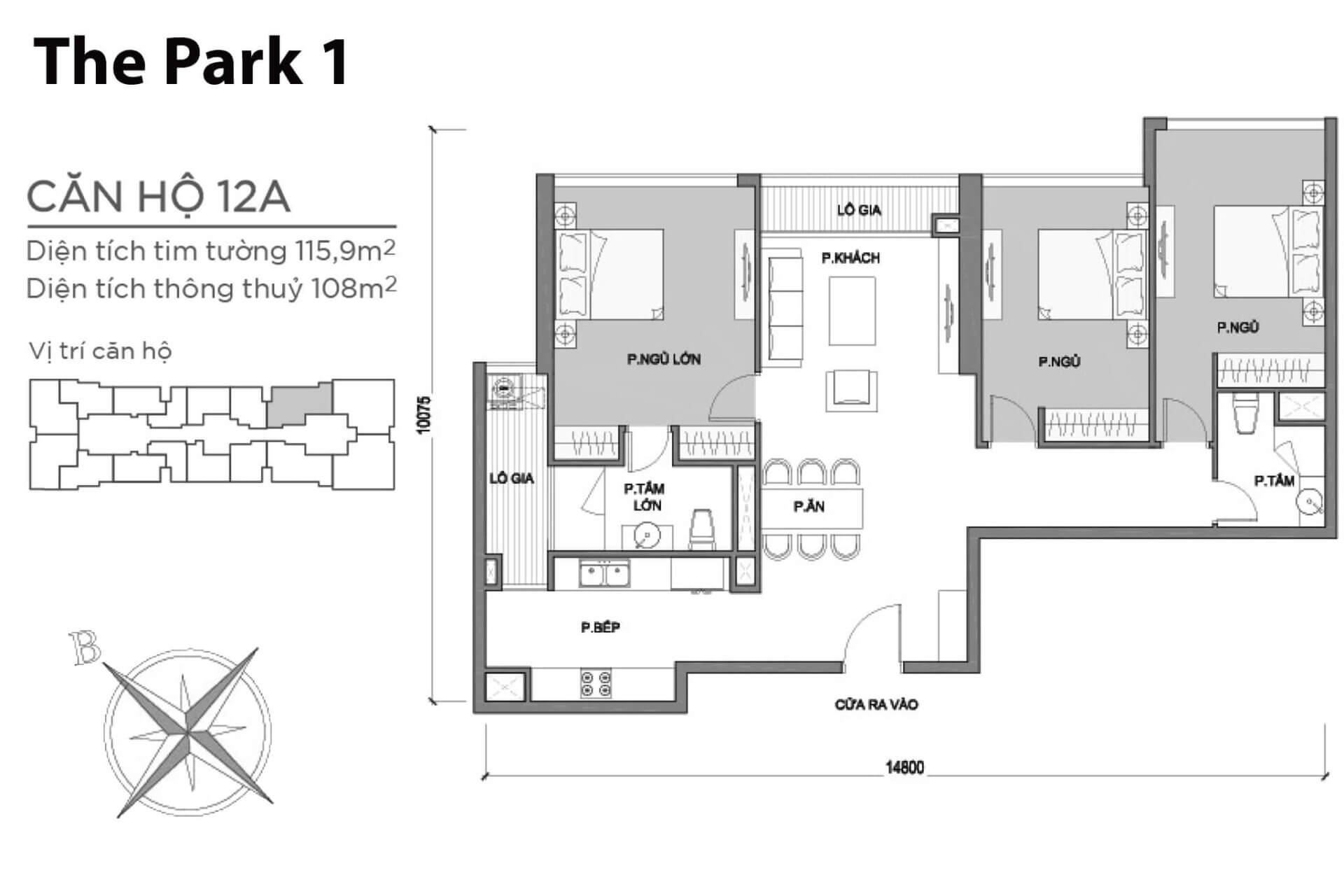 mặt bằng layout căn hộ số 12A Park 1 Vinhomes Central Park