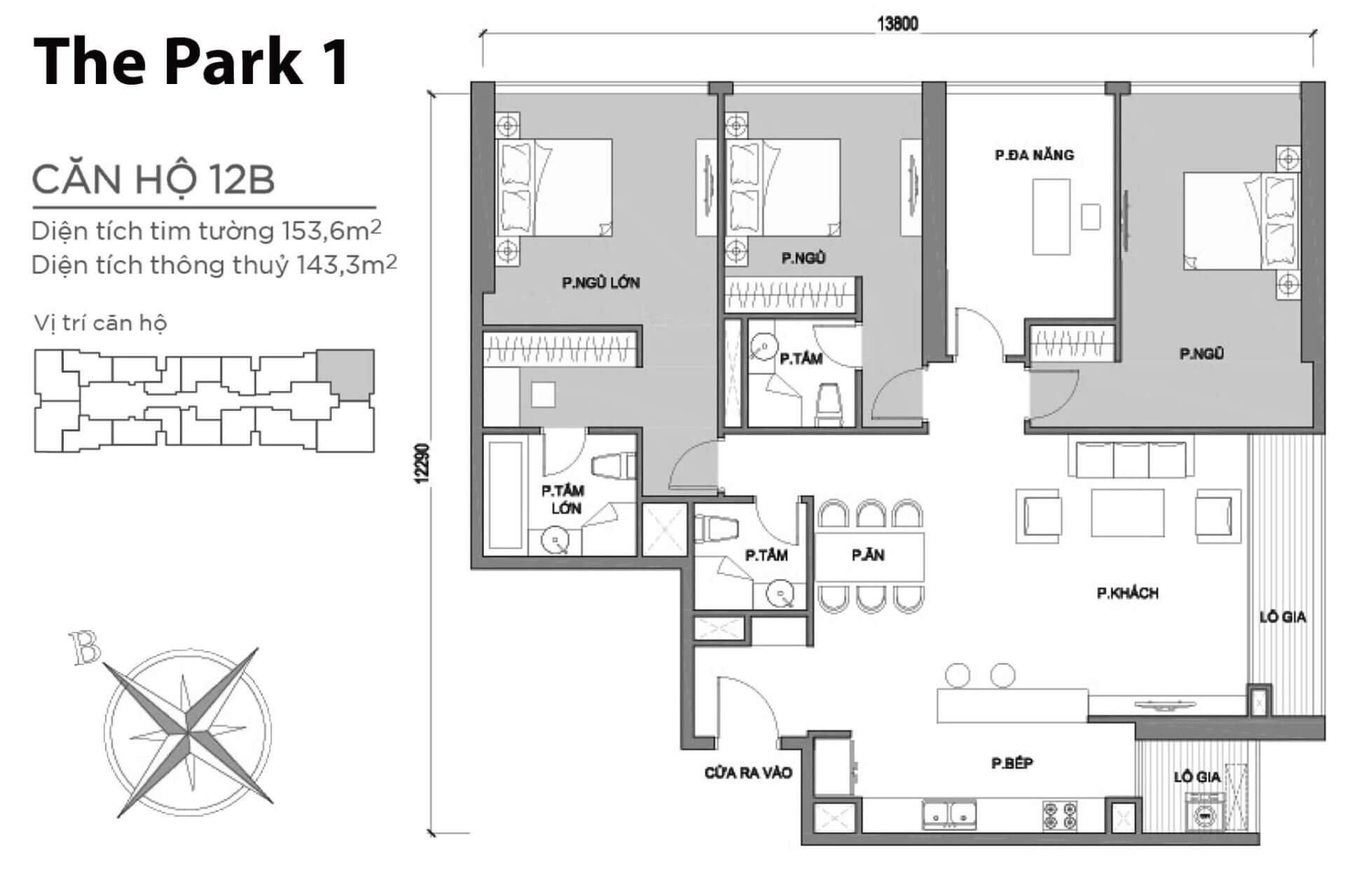 mặt bằng layout căn hộ số 12B Park 1 Vinhomes Central Park