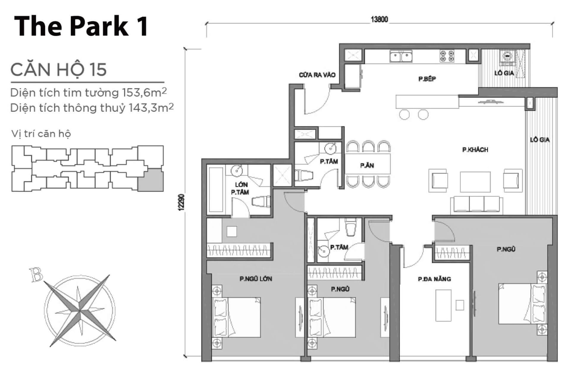 mặt bằng layout căn hộ số 15 Park 1 Vinhomes Central Park