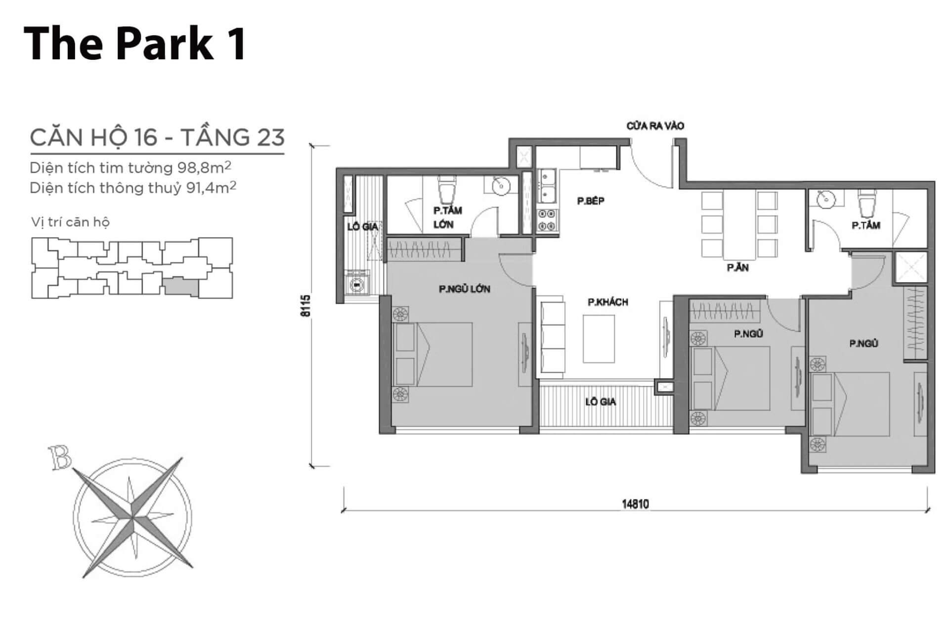 mặt bằng layout căn hộ số 16 tầng 23 Park 1 Vinhomes Central Park