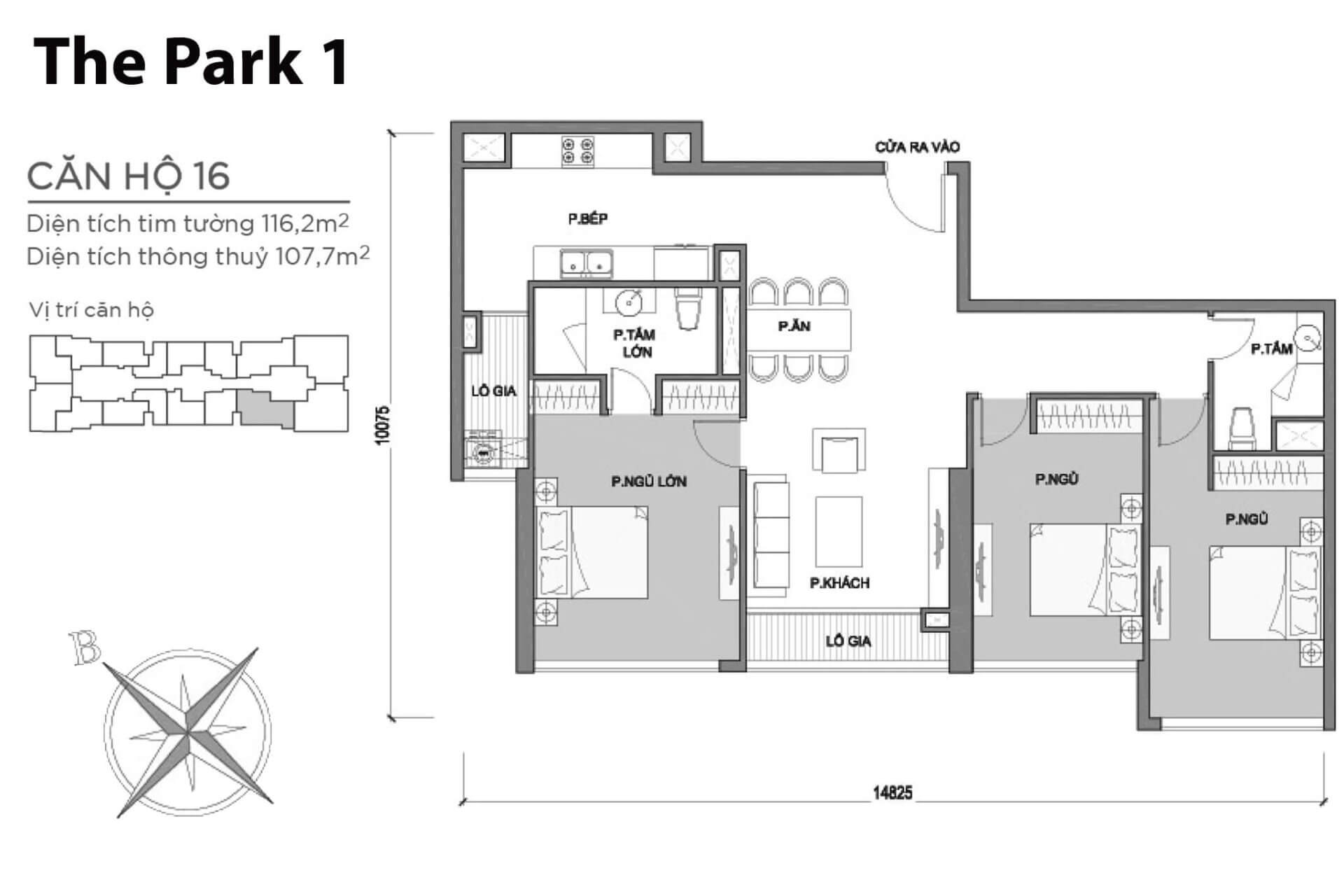 mặt bằng layout căn hộ số 16 Park 1 Vinhomes Central Park