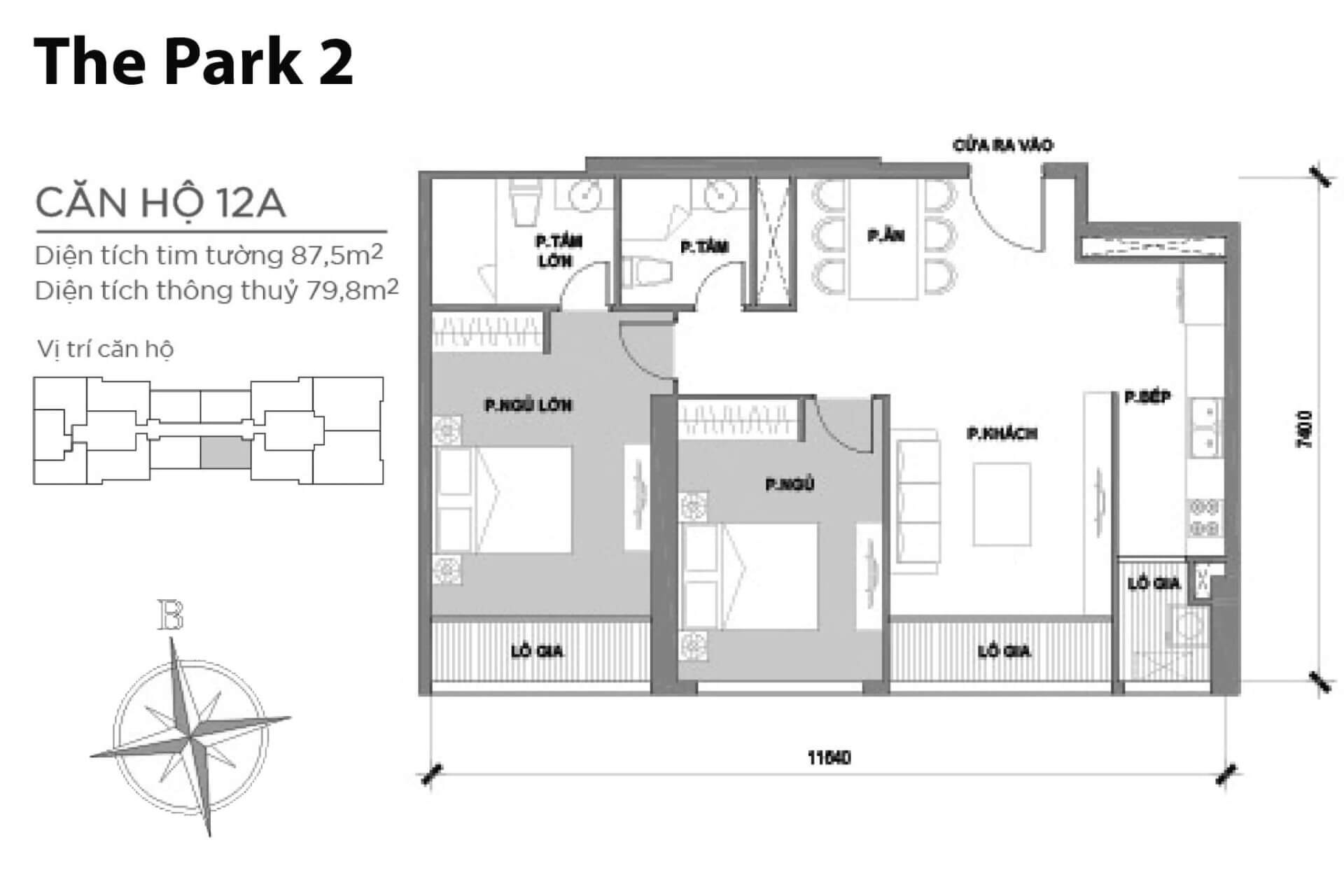 mặt bằng layout căn hộ số 12A Park 2 Vinhomes Central Park