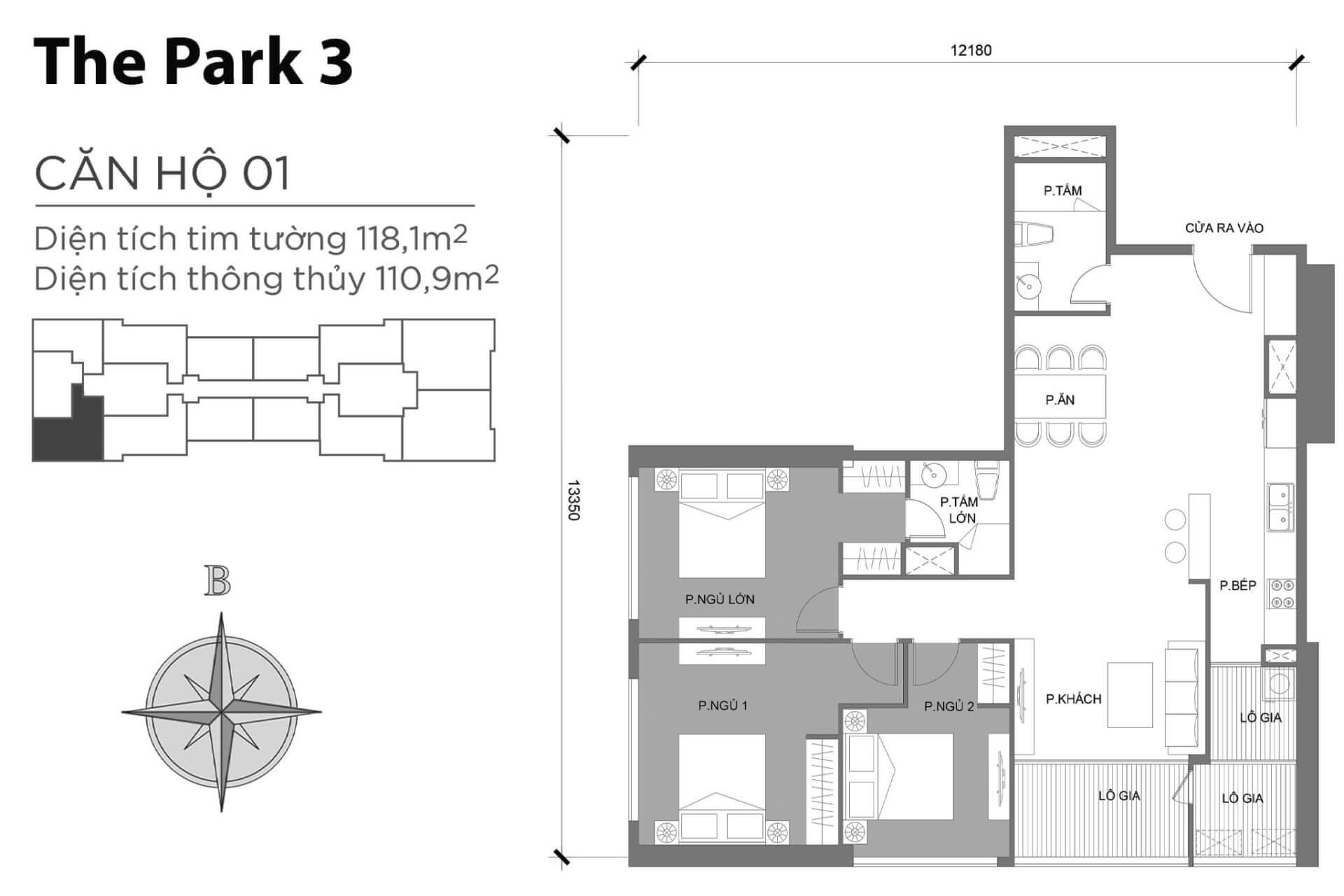 mặt bằng layout căn hộ số 01 Park 3 Vinhomes Central Park