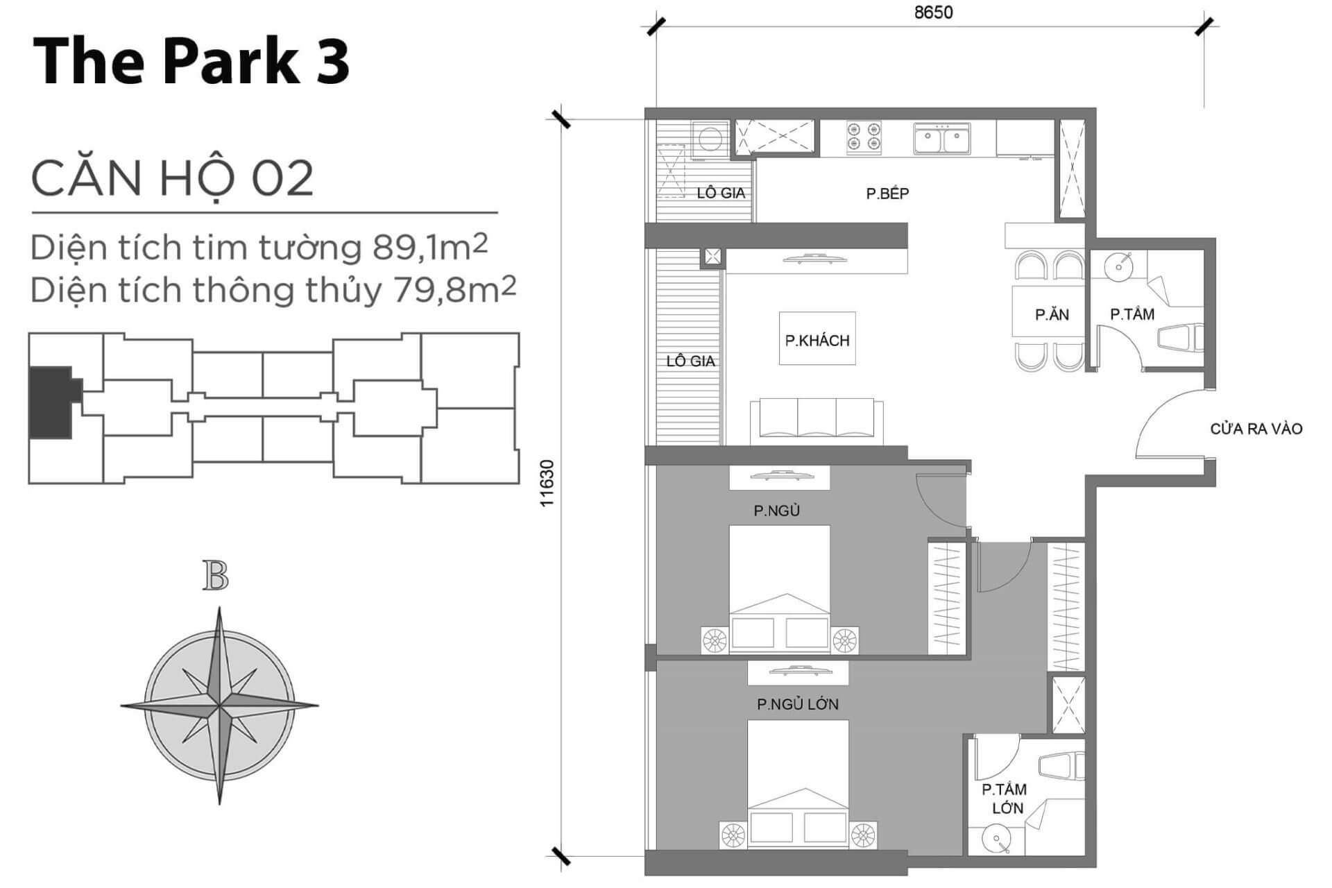 mặt bằng layout căn hộ số 02 Park 3 Vinhomes Central Park