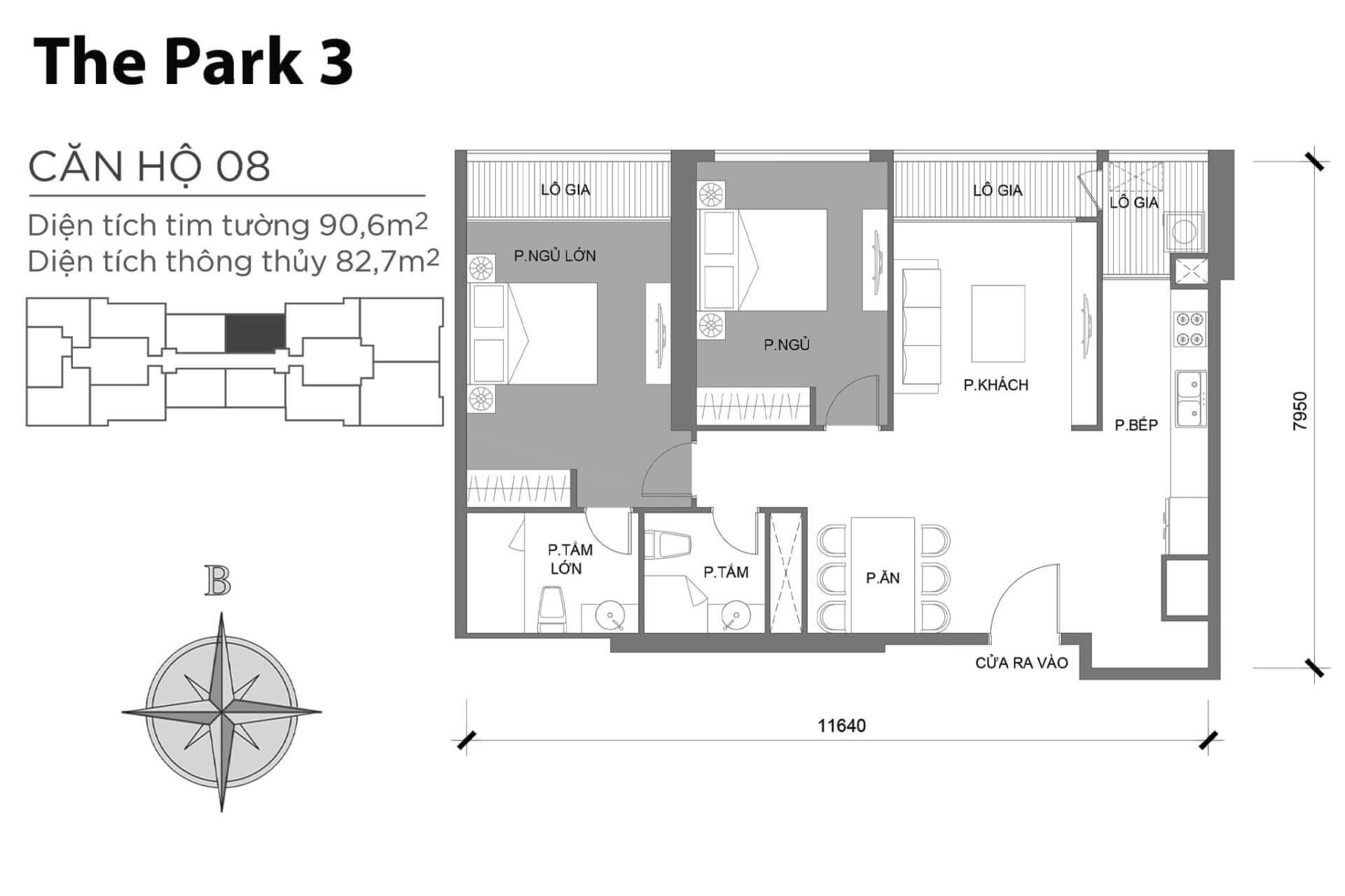 mặt bằng layout căn hộ số 08 Park 3 Vinhomes Central Park
