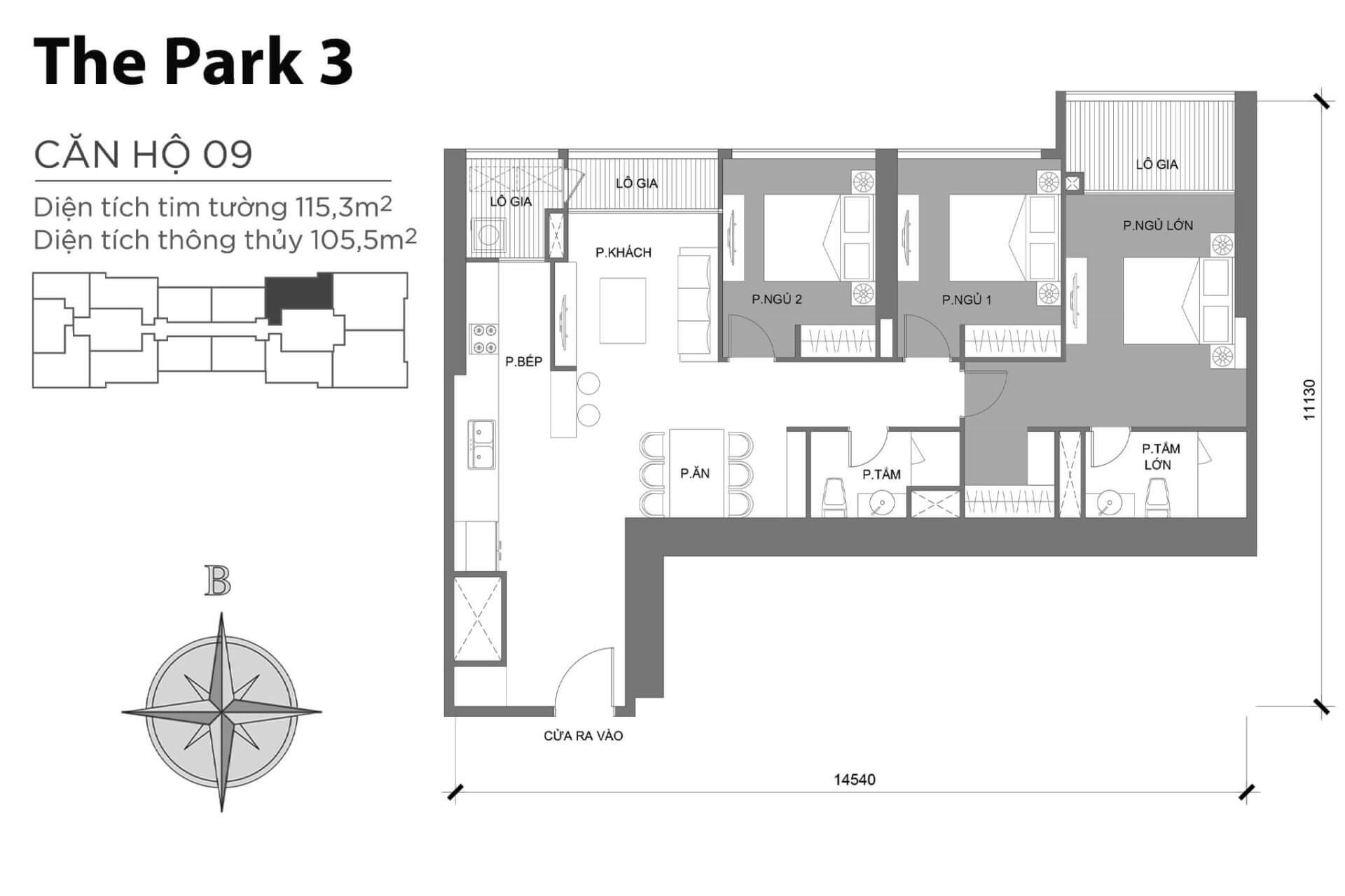mặt bằng layout căn hộ số 09 Park 3 Vinhomes Central Park