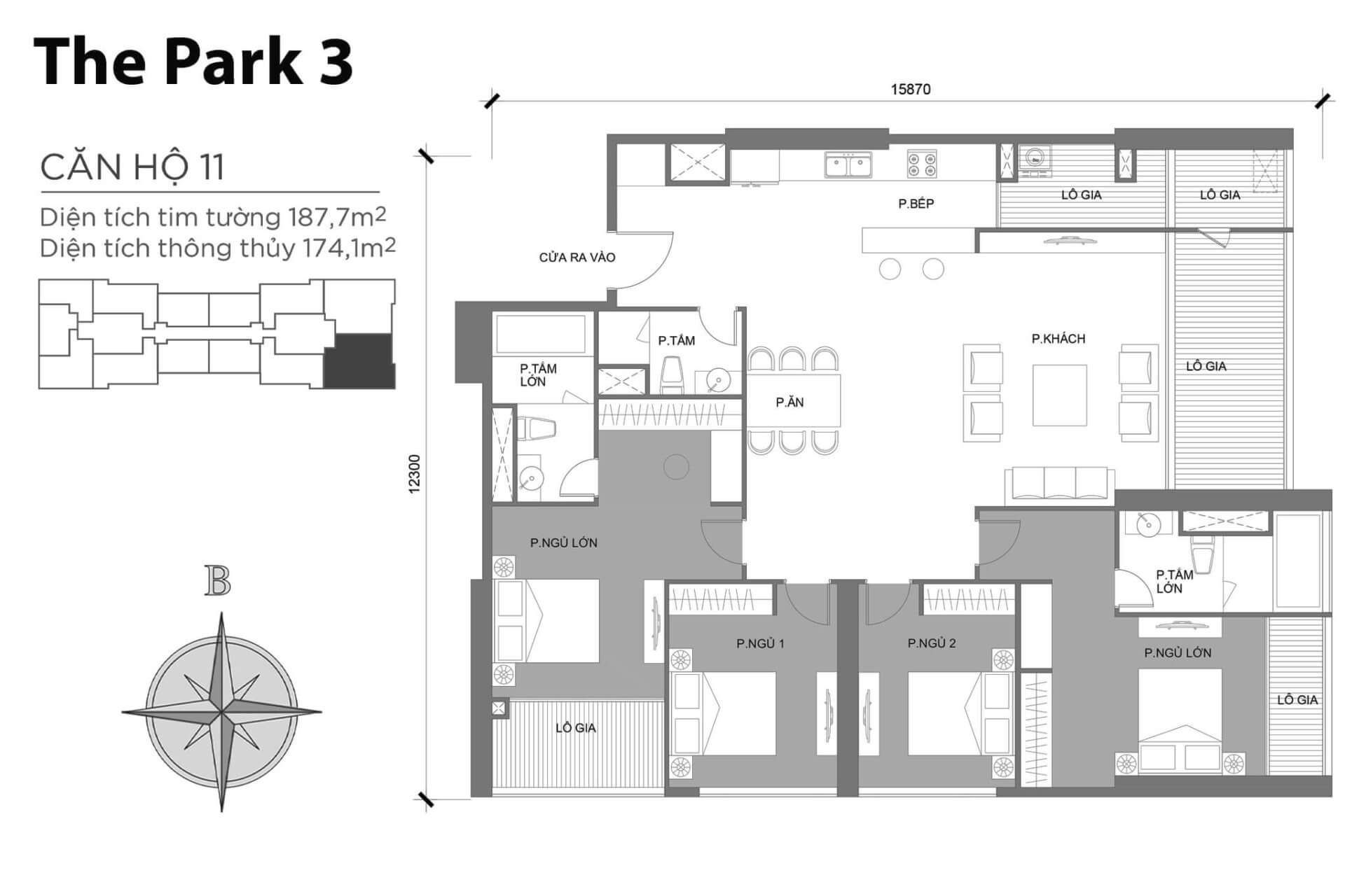 mặt bằng layout căn hộ số 11 Park 3 Vinhomes Central Park