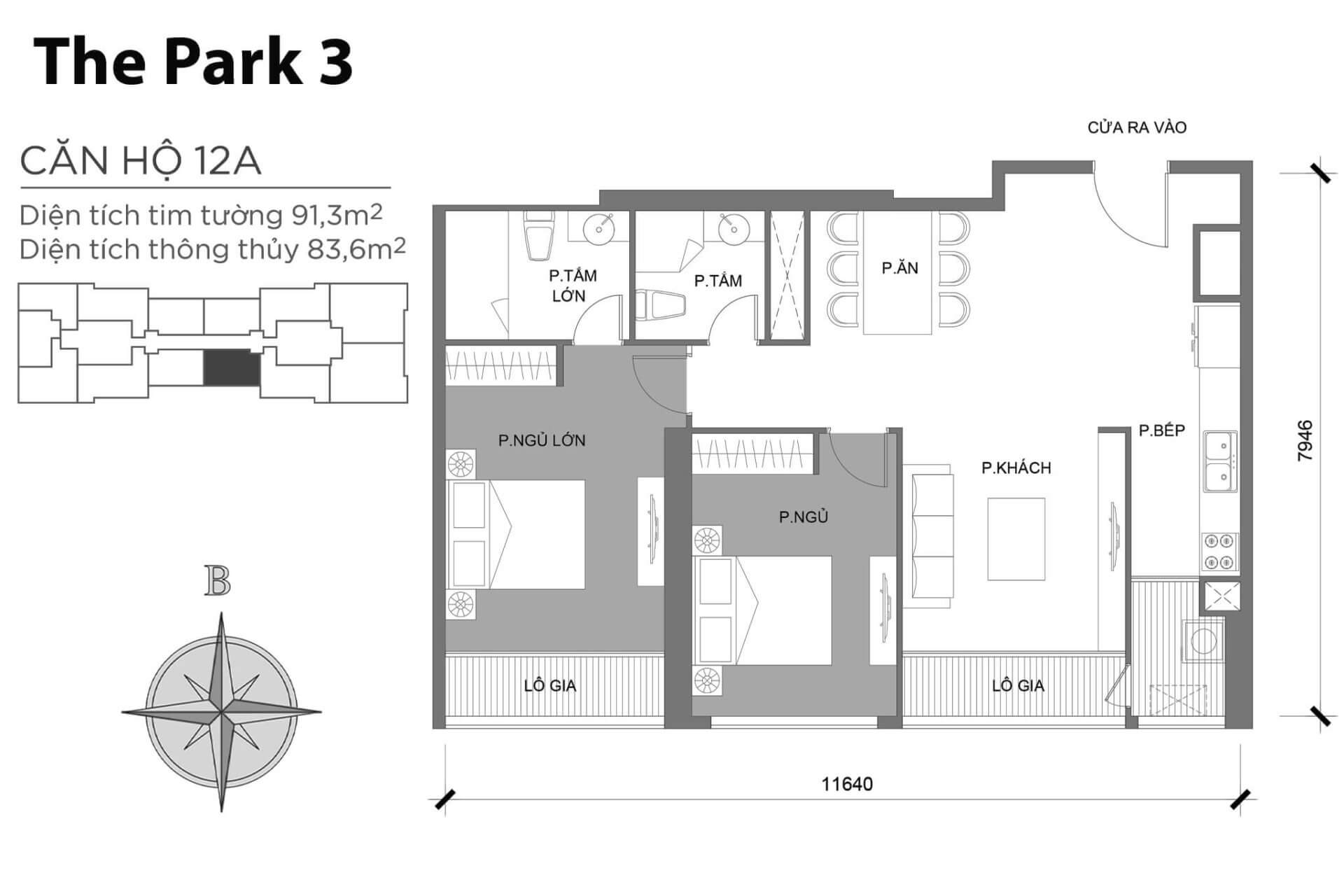 mặt bằng layout căn hộ số 12A Park 3 Vinhomes Central Park