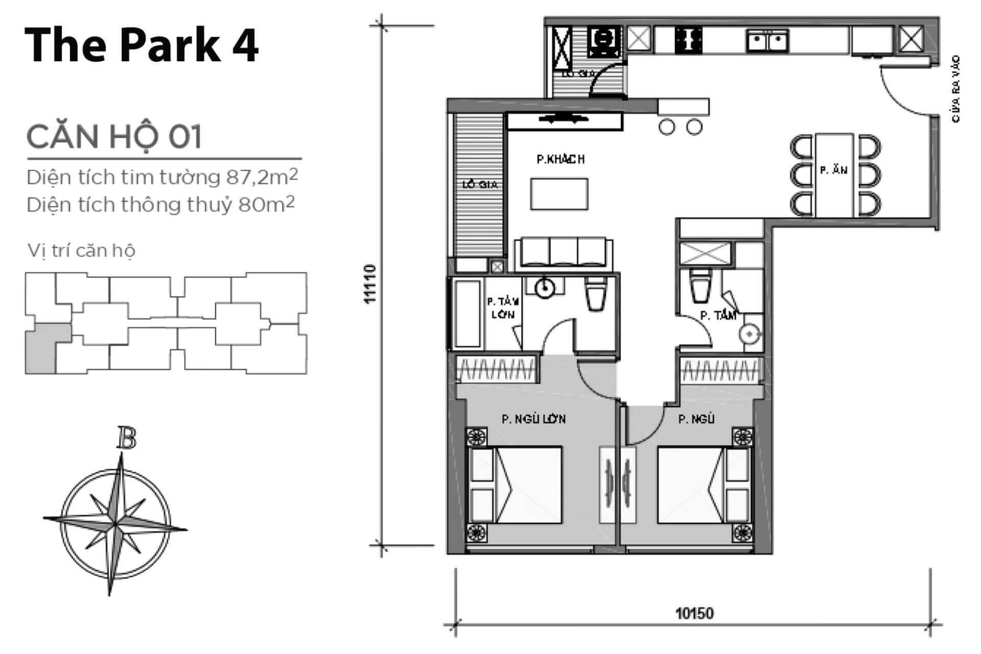 mặt bằng layout căn hộ số 01 Park 4 Vinhomes Central Park