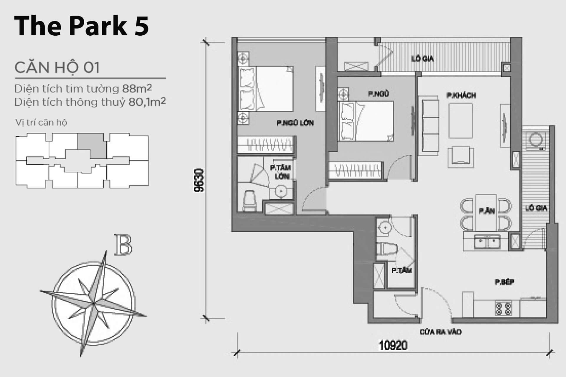 mặt bằng layout Park 5 căn hộ số 01 Vinhomes Central Park
