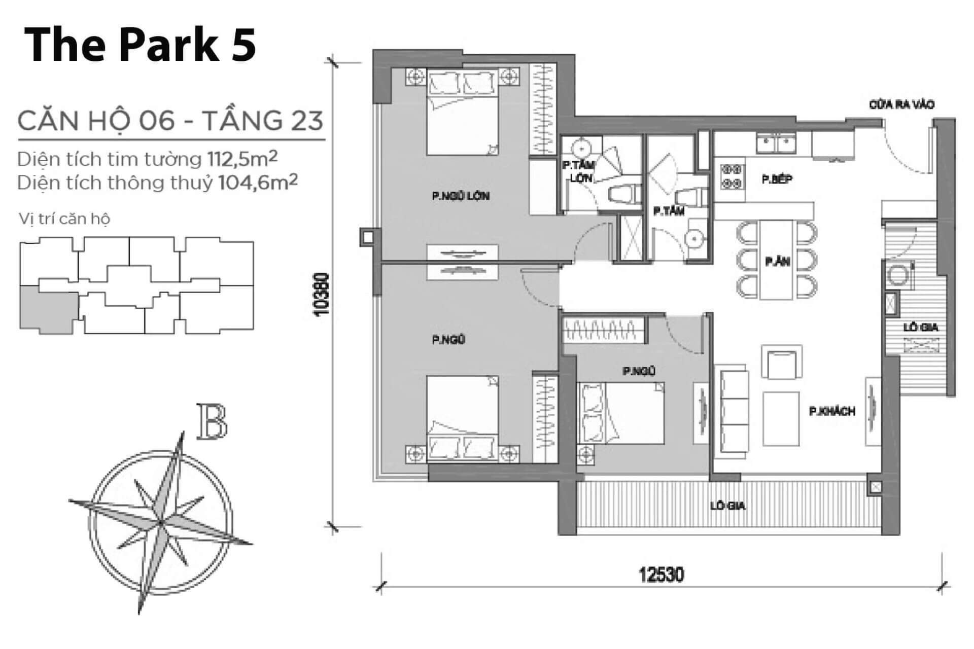 mặt bằng layout Park 5 căn hộ số 06 tầng 23 Vinhomes Central Park
