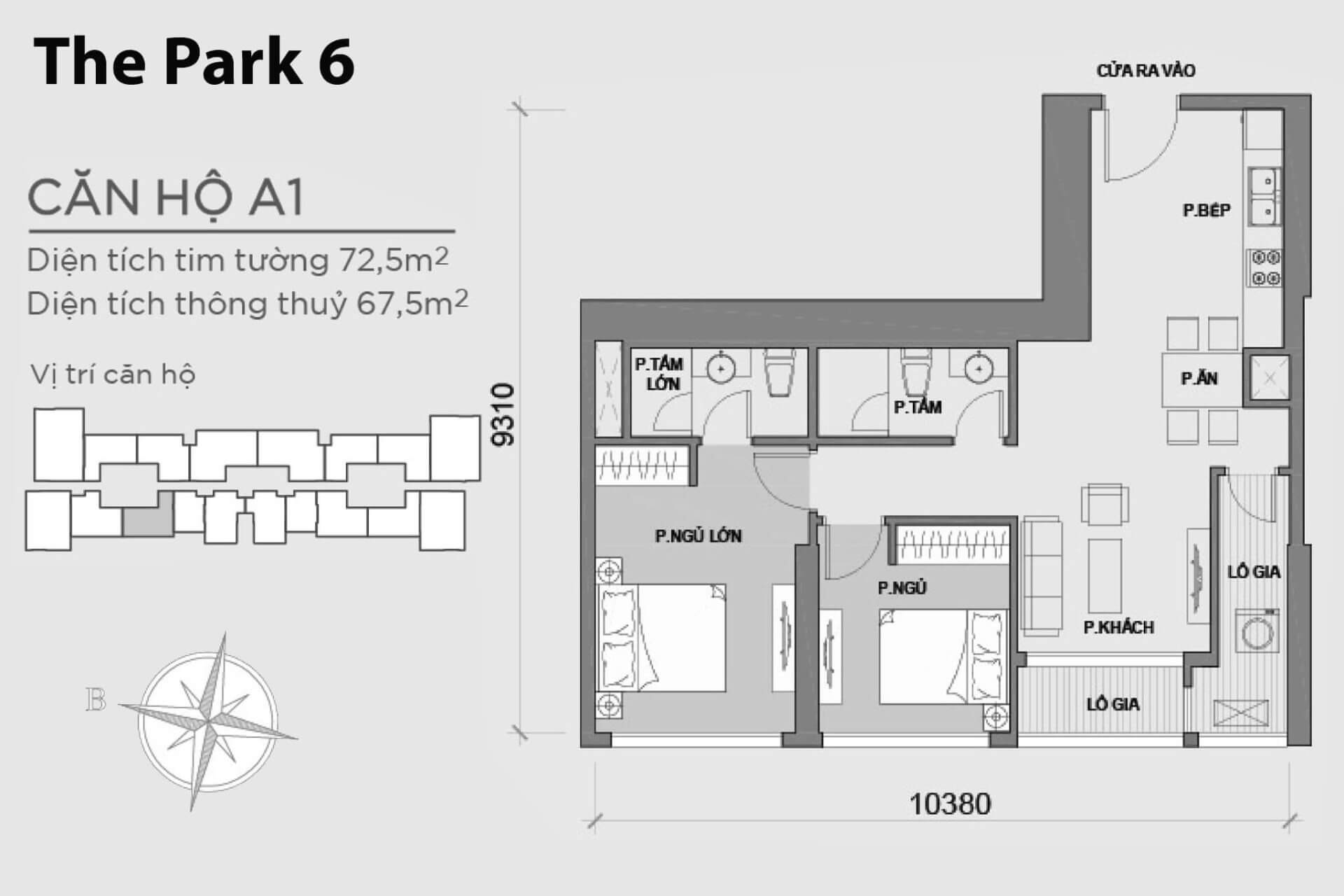 mặt bằng layout Park 6 căn hộ A1 P6A-01