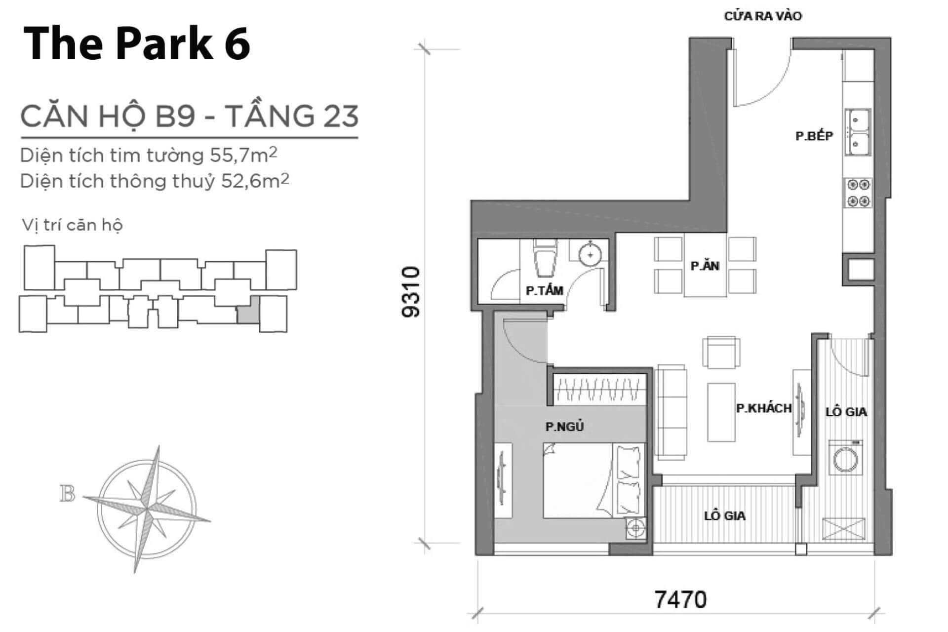 mặt bằng layout Park 6 căn hộ B9 P6B-09 tầng 23