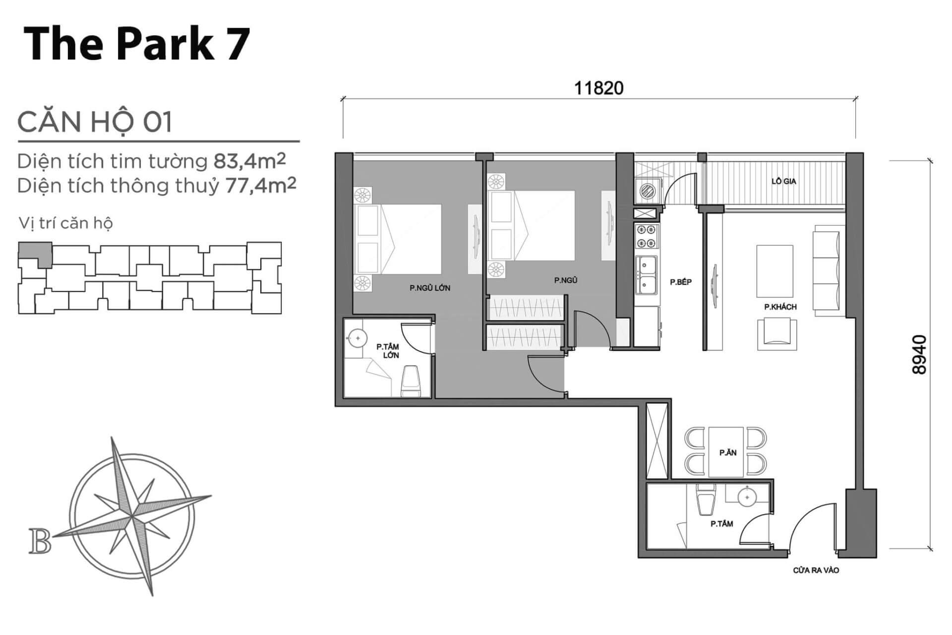 layout căn hộ số 01 tòa Park 7 P7-01