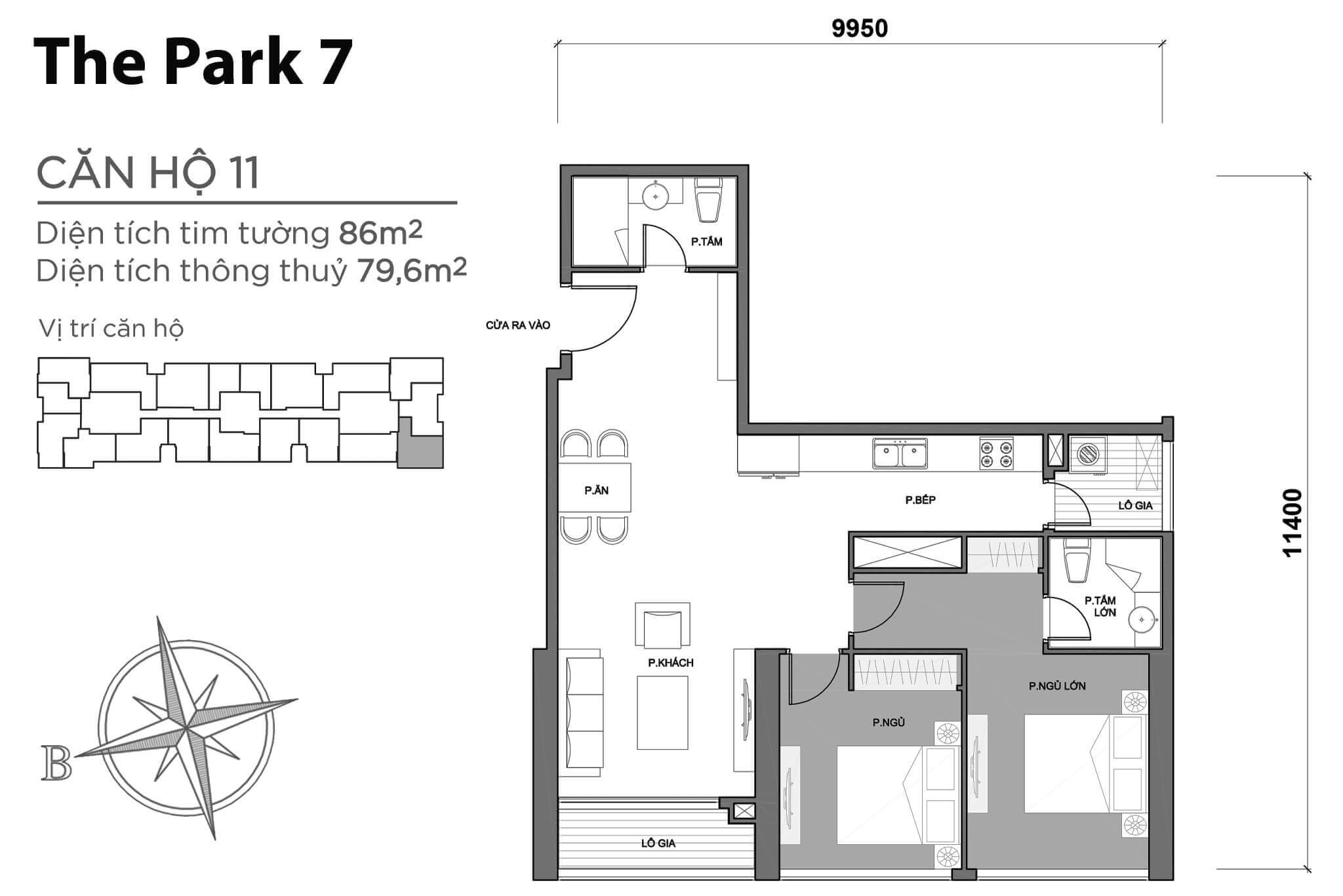 layout căn hộ số 11 tòa Park 7 P7-11