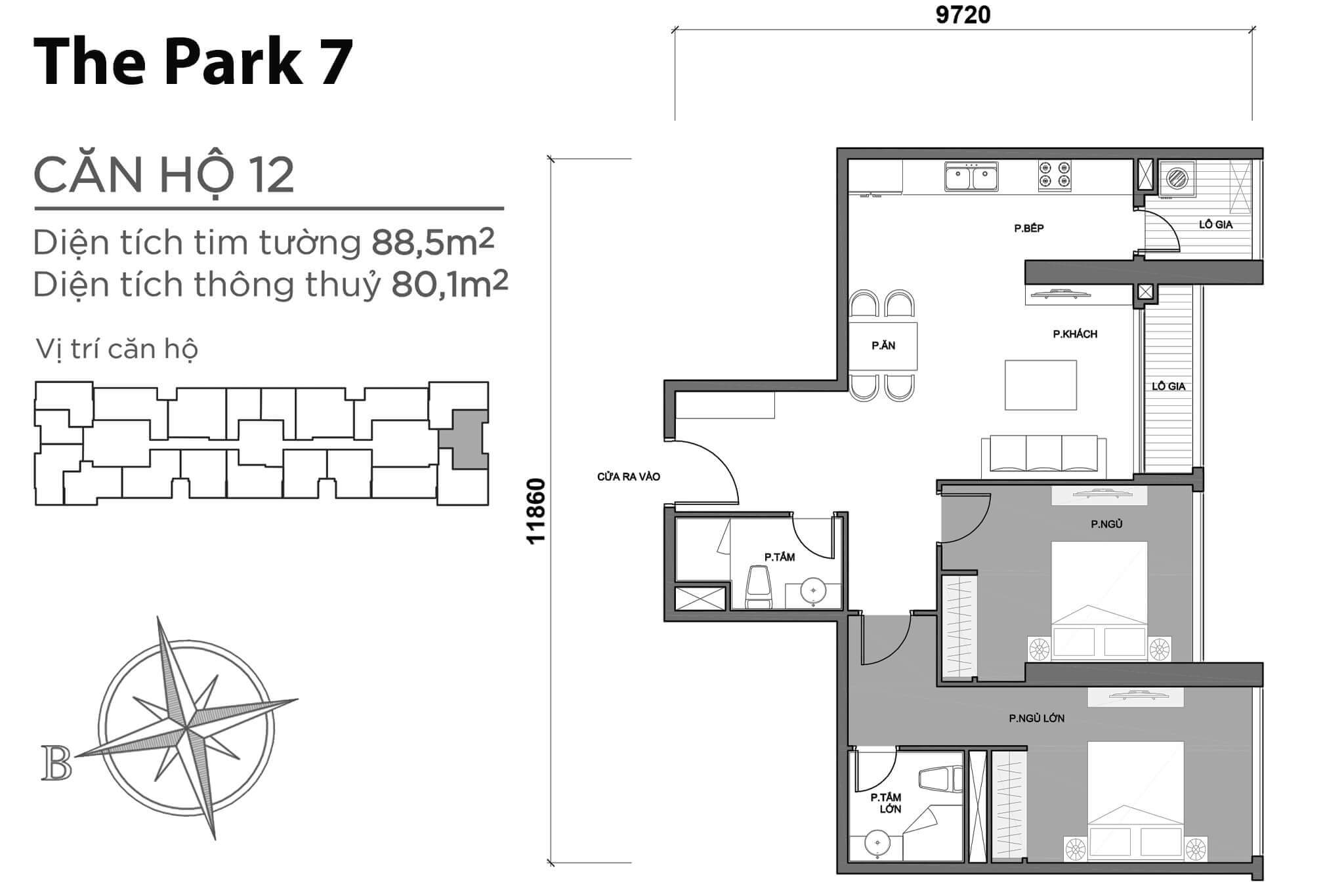 layout căn hộ số 12 tòa Park 7 P7-12