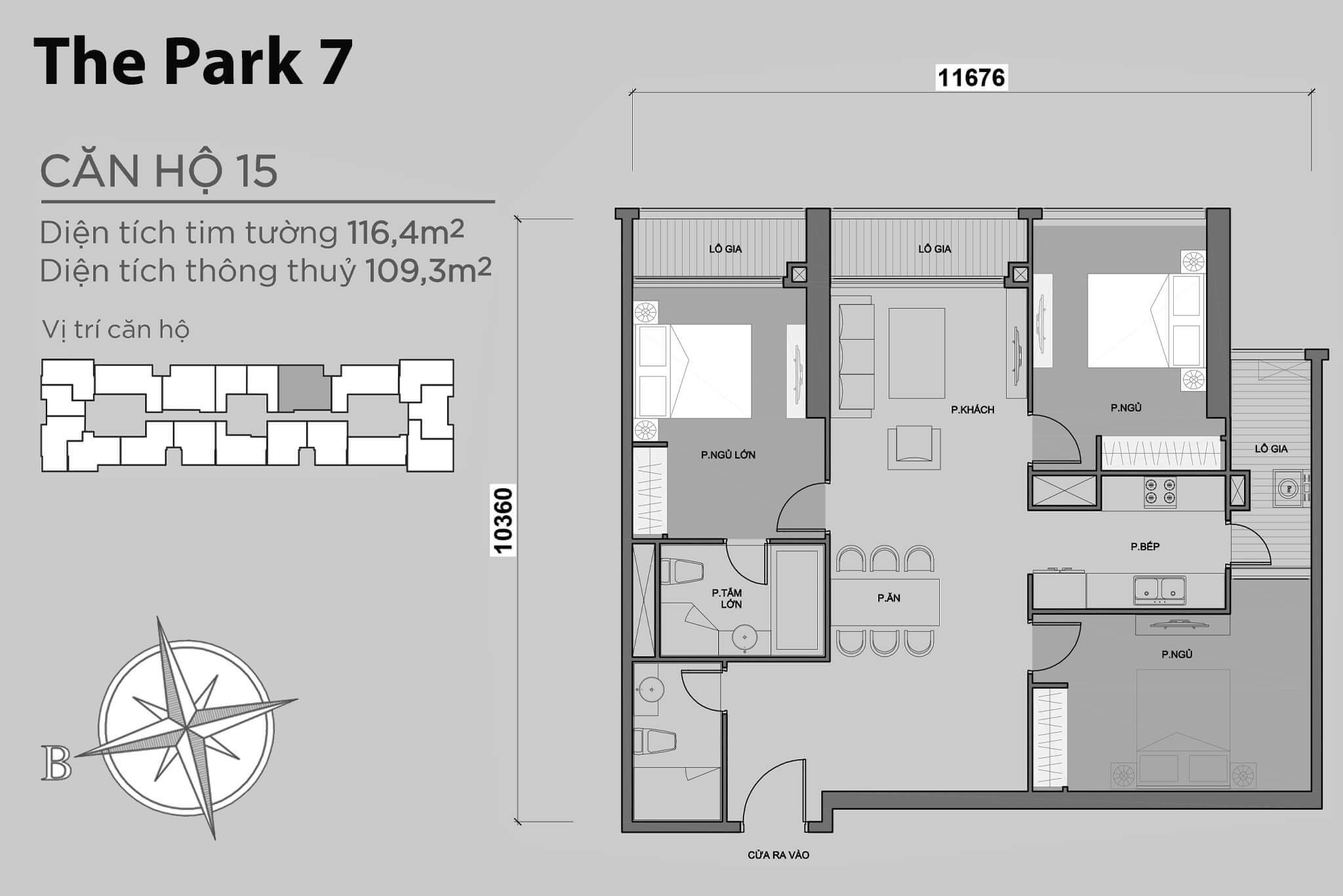 layout căn hộ số 15 tòa Park 7 P7-15