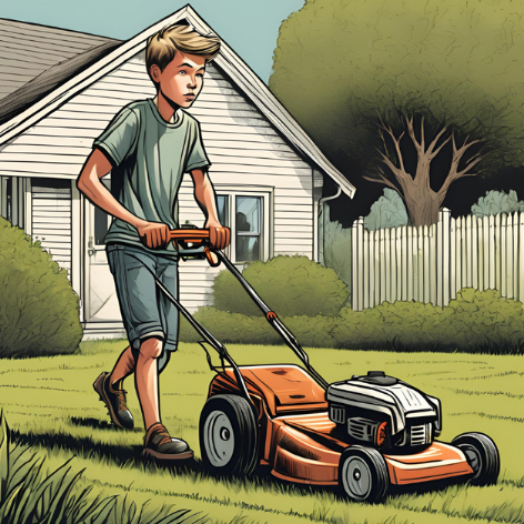 Illustration of boy mowing a lawn